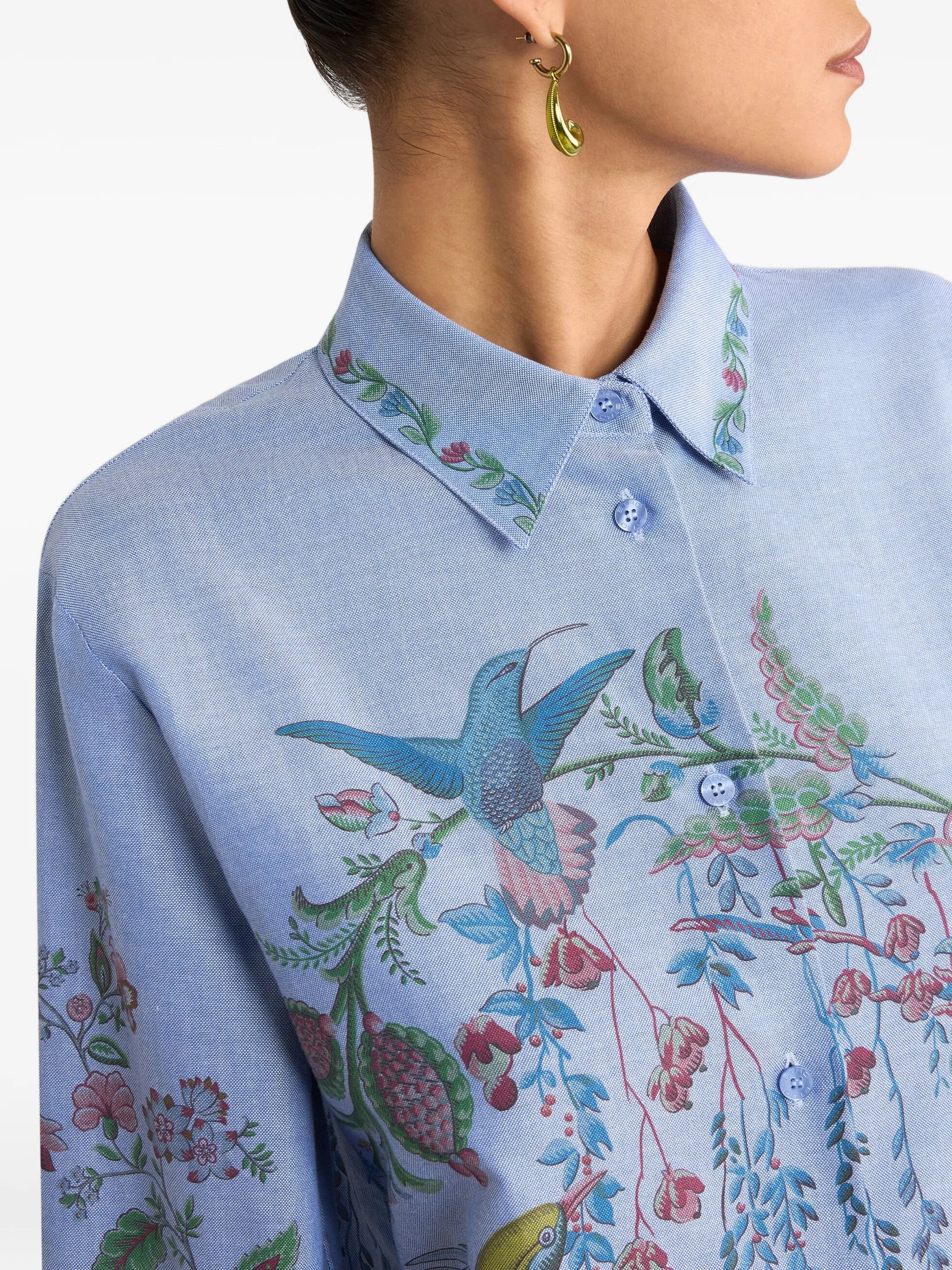 Light Blue Botanical Print Button-Up Shirt