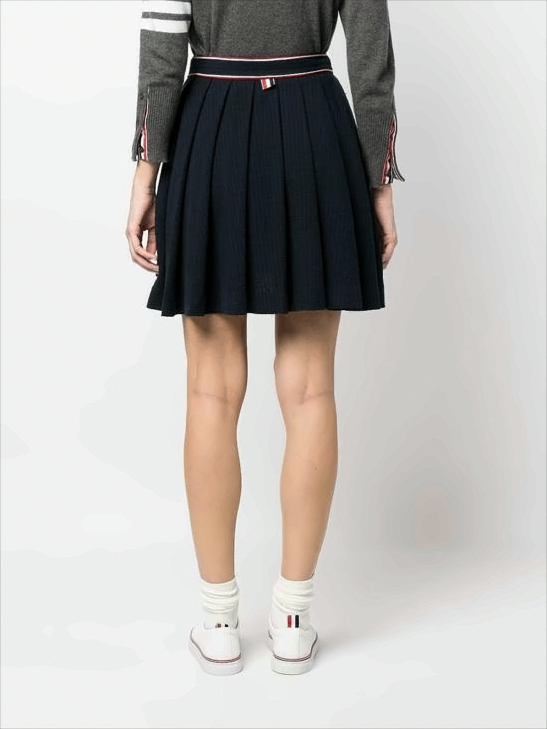 Pleated Mini Skirt with Structured Waistband and Striped Trim