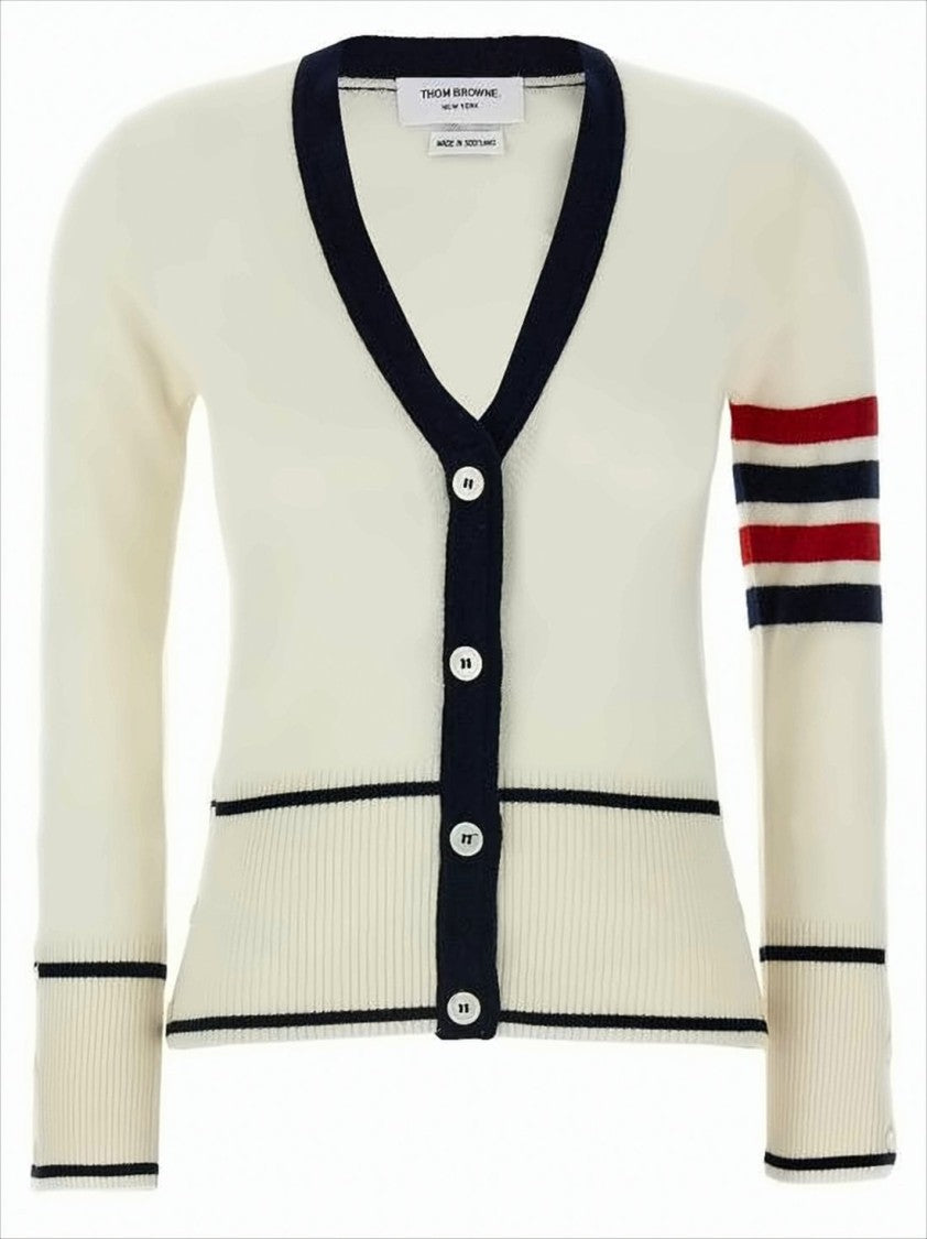 Fitted Cashmere Cardigan with Contrasting Trim and Sporty Stripes