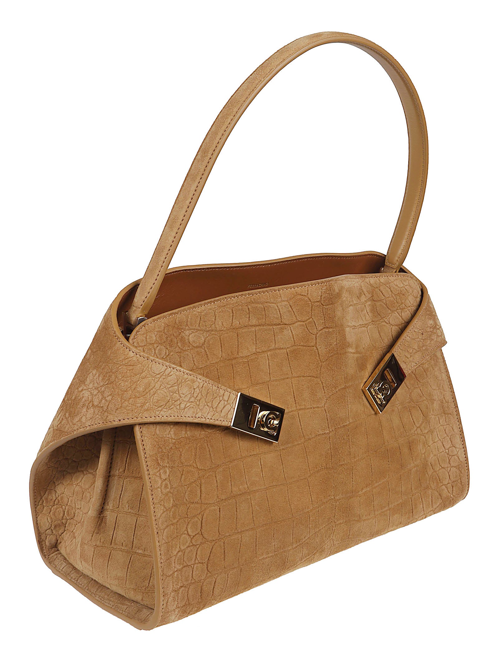 Crocodile-Print Suede Handbag with Gold-Tone Accents