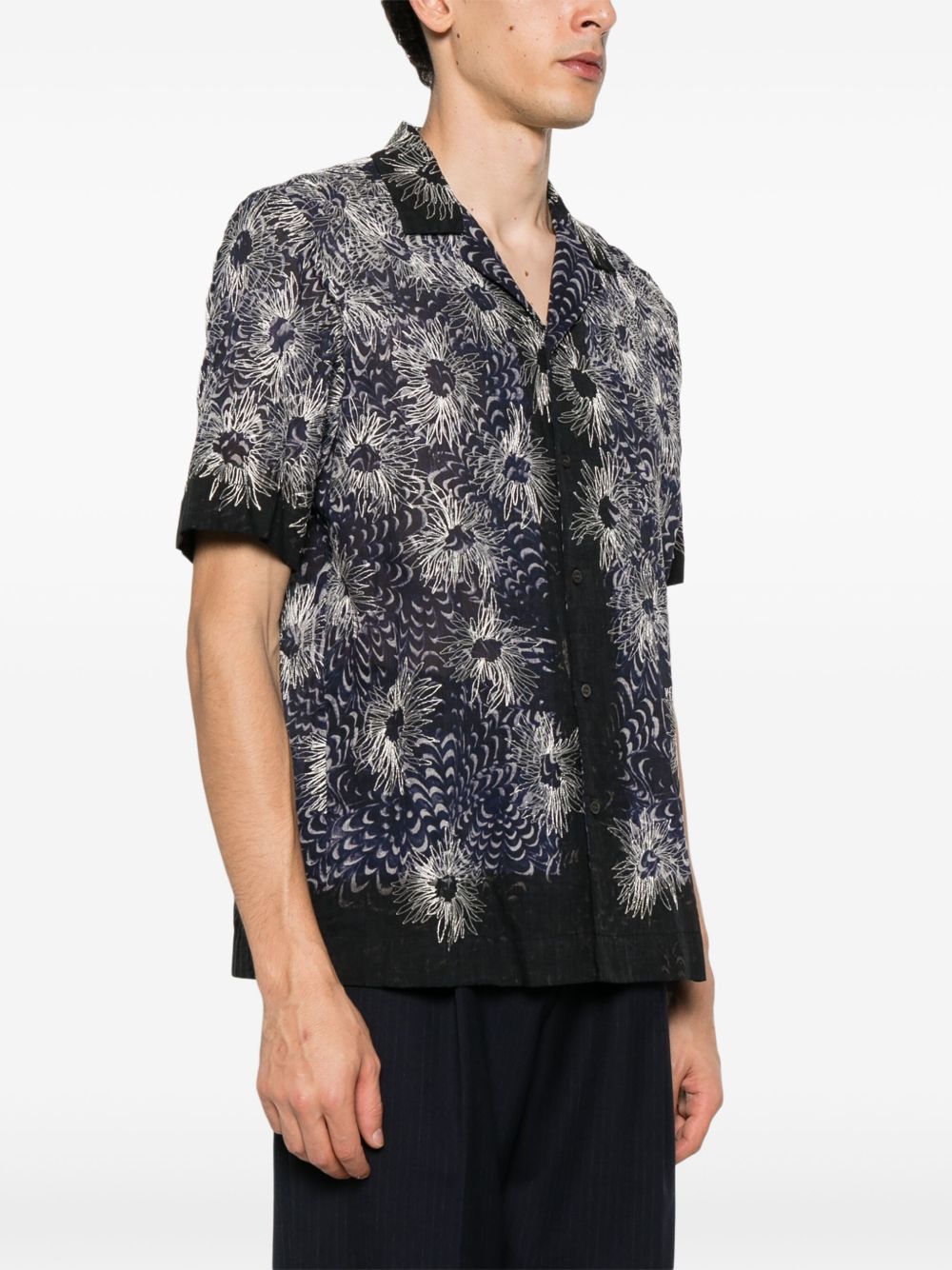 Navy Blue Short-Sleeved Camp Collar Shirt