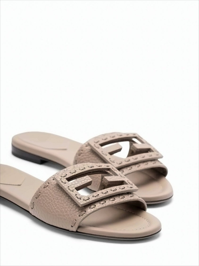 Geometric Buckle Slide Sandals In Textured Calf Leather