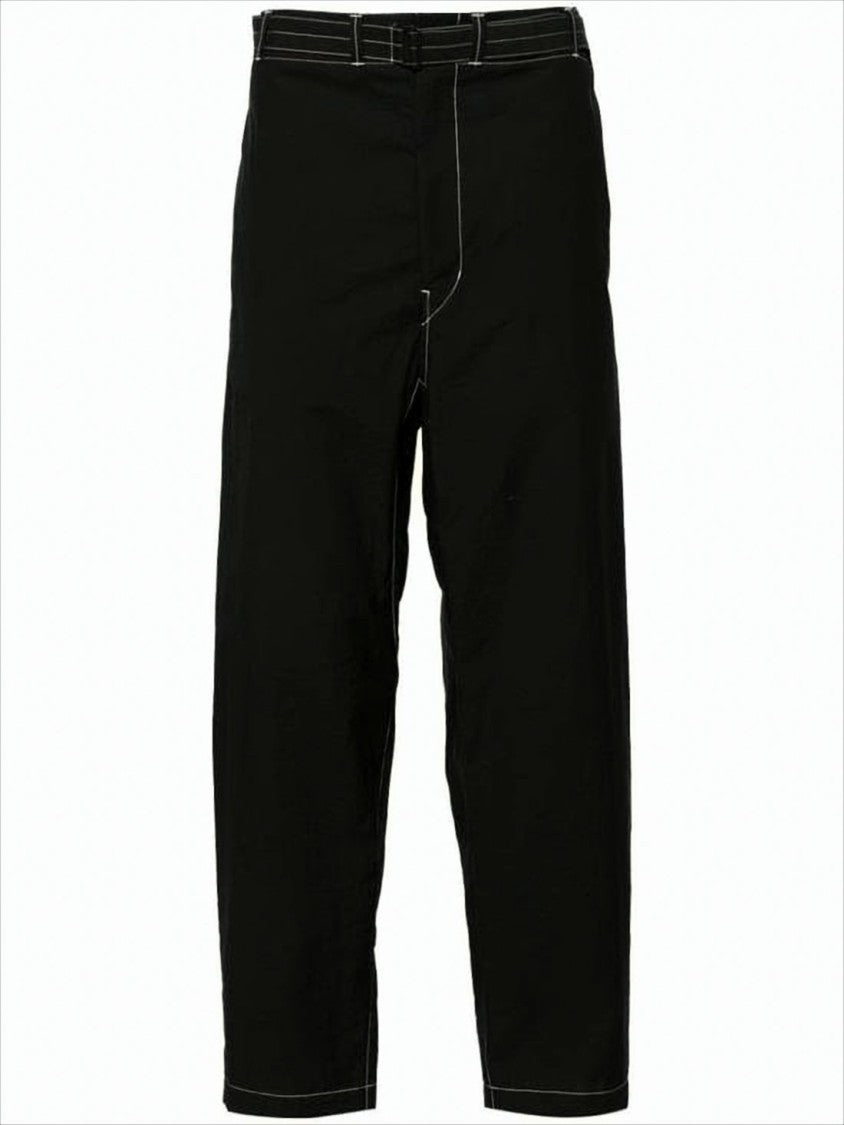 Relaxed Fit Black Straight Pants With Belt Detail And Contrasting Stitching