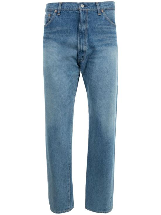 Classic Straight-Leg Denim Pants With Mid-Blue Wash And Whiskering