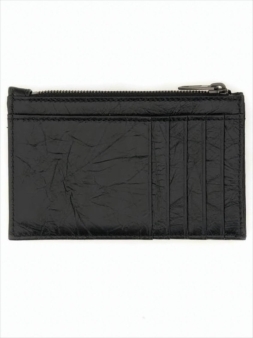 Textured Calf Leather Wallet with Diagonal Stitching and Raised Emblem