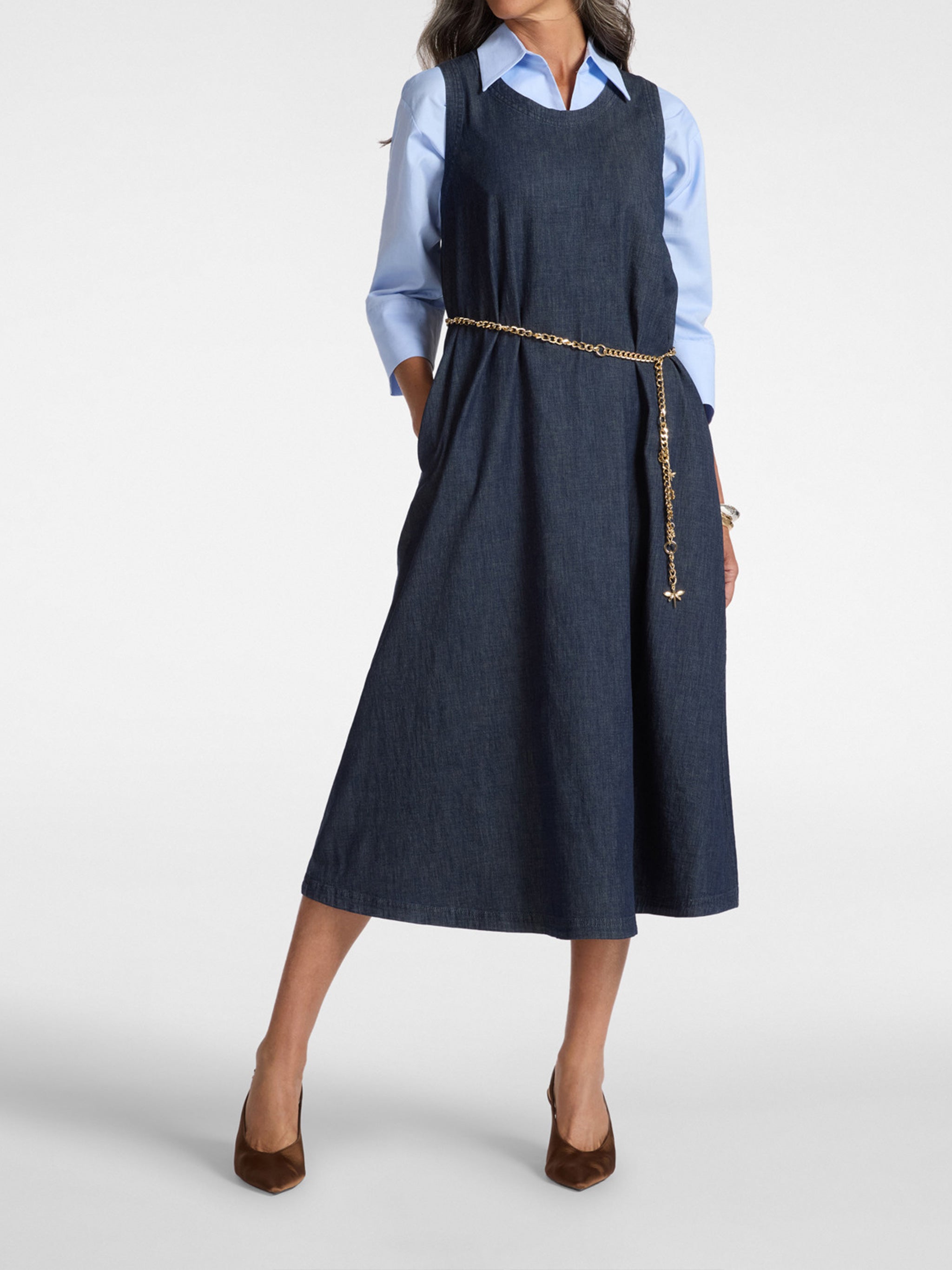 Sleeveless Blue Denim Midi Chain Dress