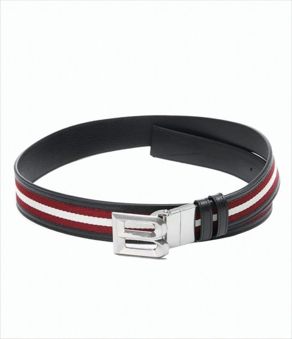 Black Leather Belt with Striped Fabric Inlay