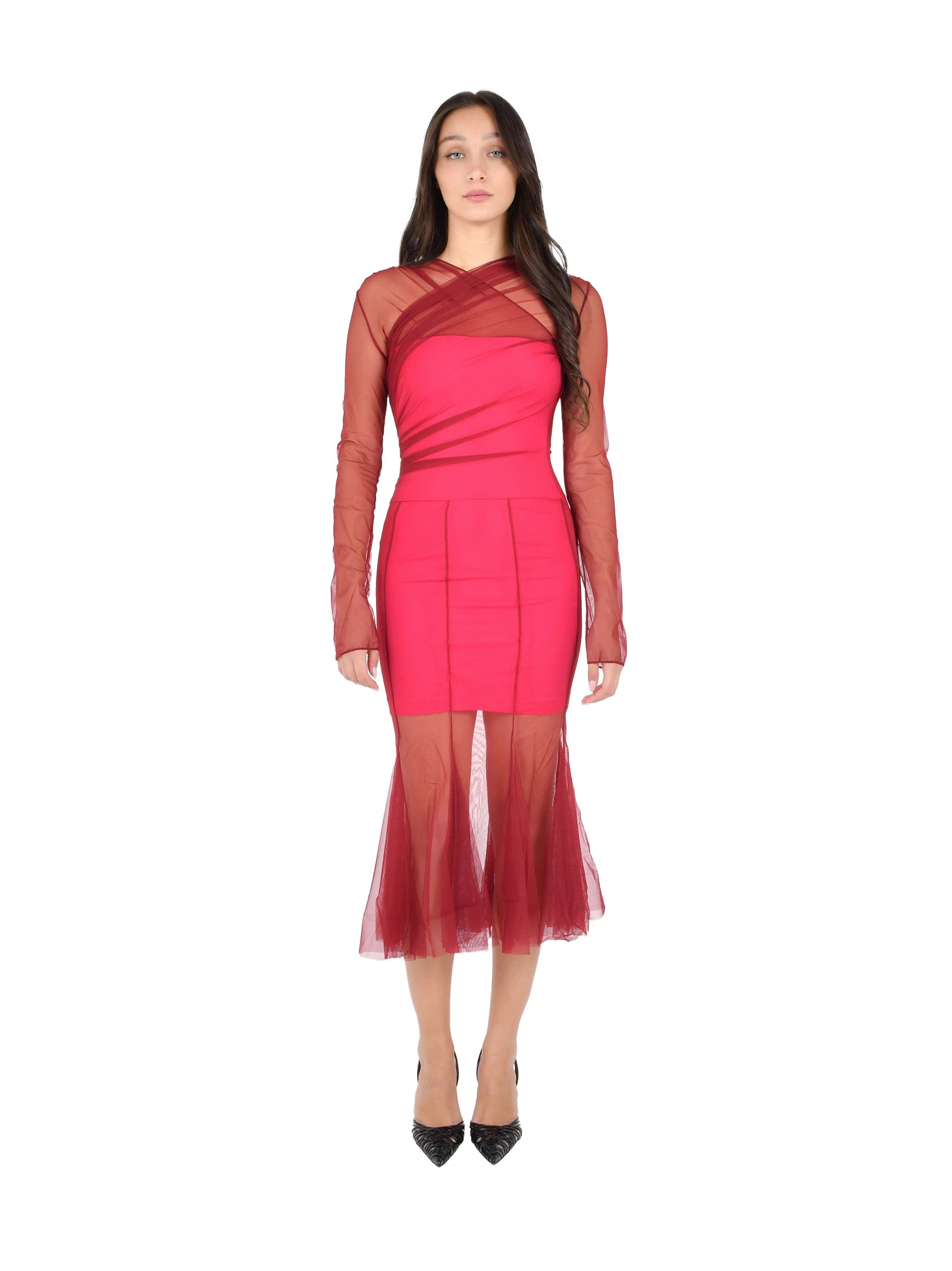 Bordeaux Midi Dress With Sheer Chiffon Overlay