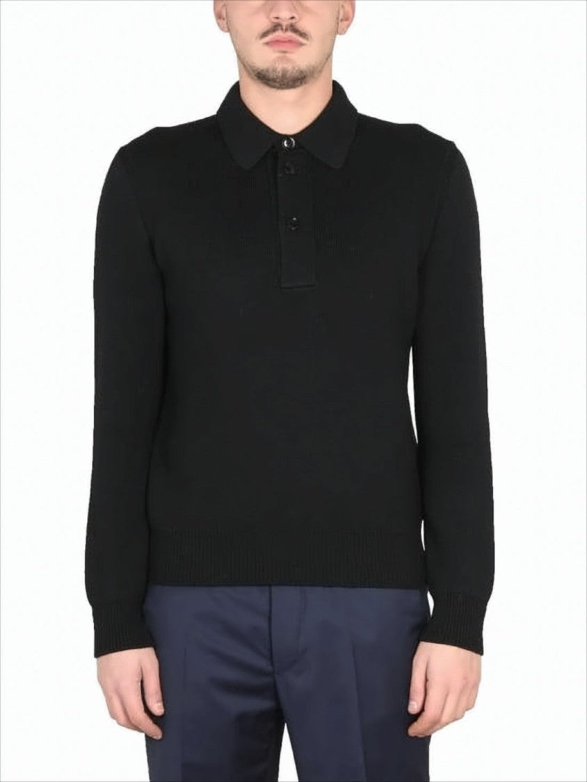 Black Wool and Silk Blend Polo Sweater