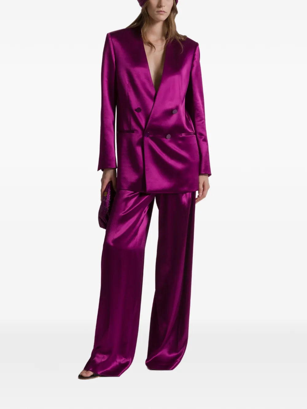 Double-Breasted Shiny Satin Jacket with Magenta Finish
