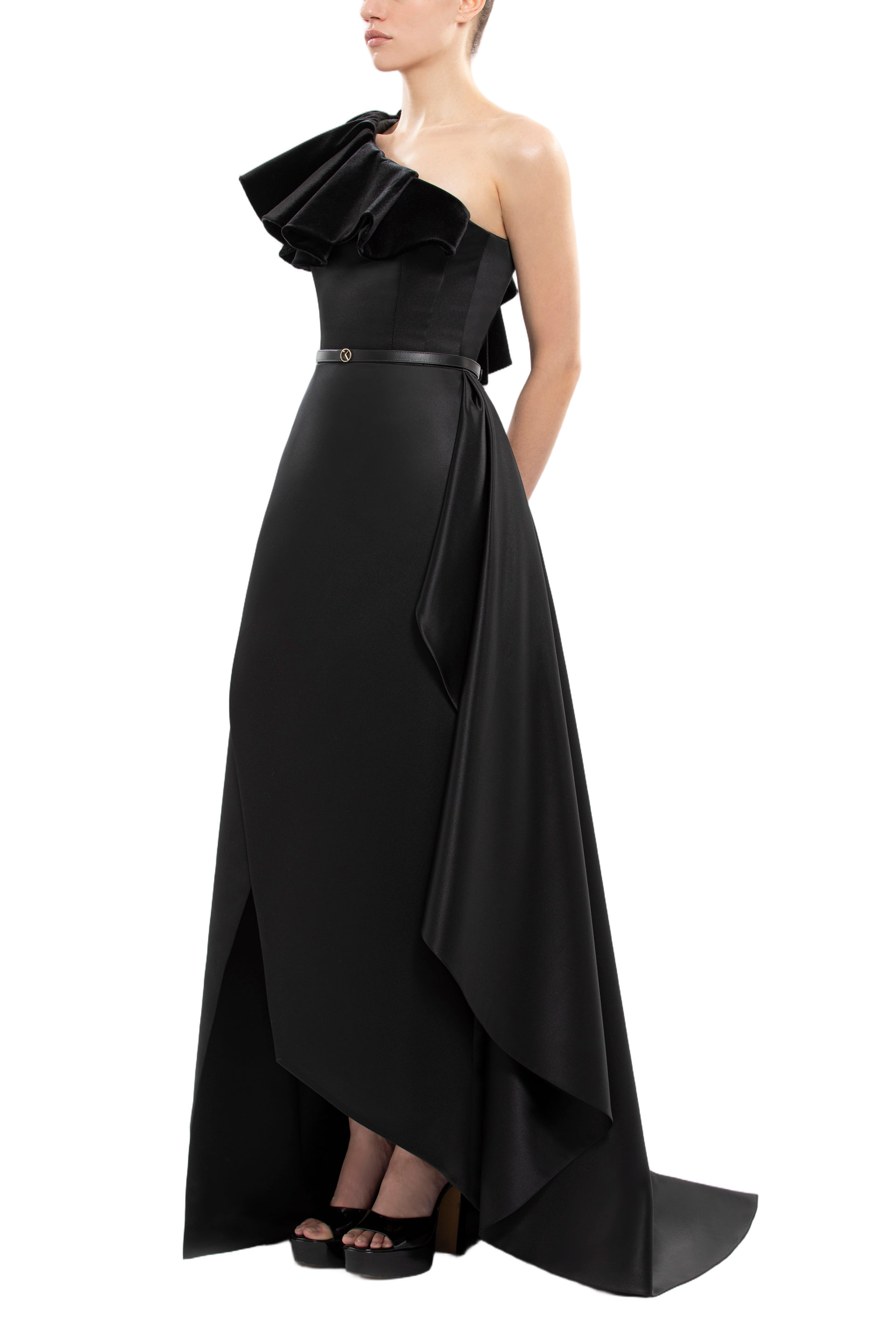 One-Shoulder Velvet And Satin Dress