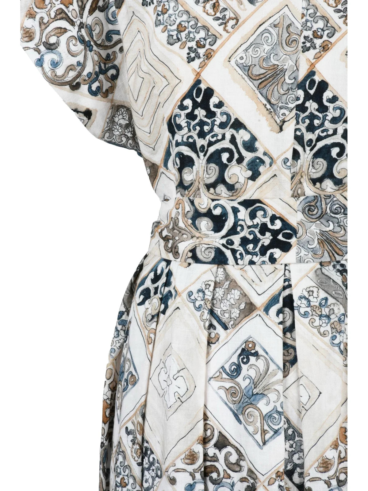 Beige Blue Linen Shirt Dress