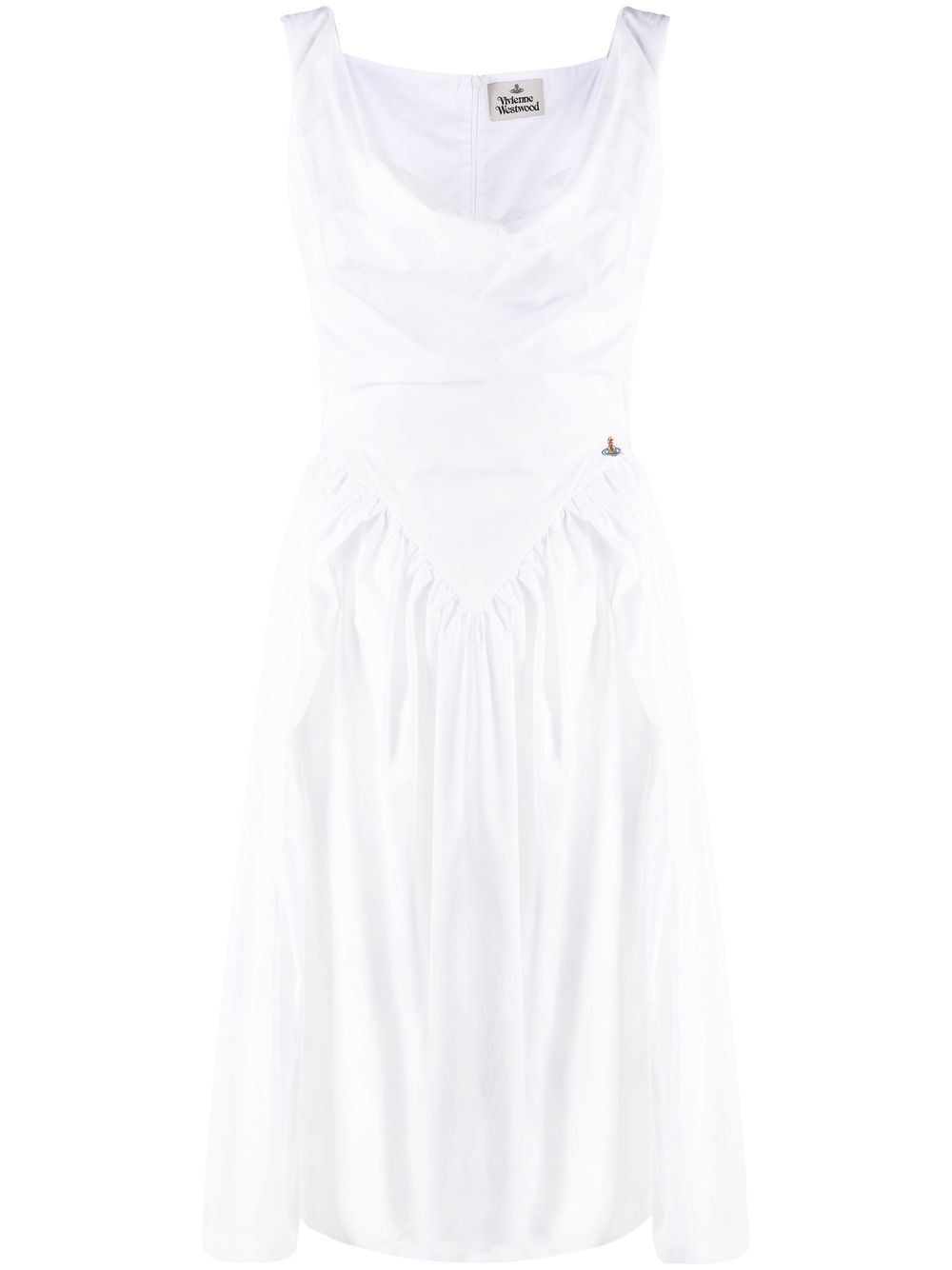 Draped Midi Dress With Fitted Bodice And Gathered Skirt