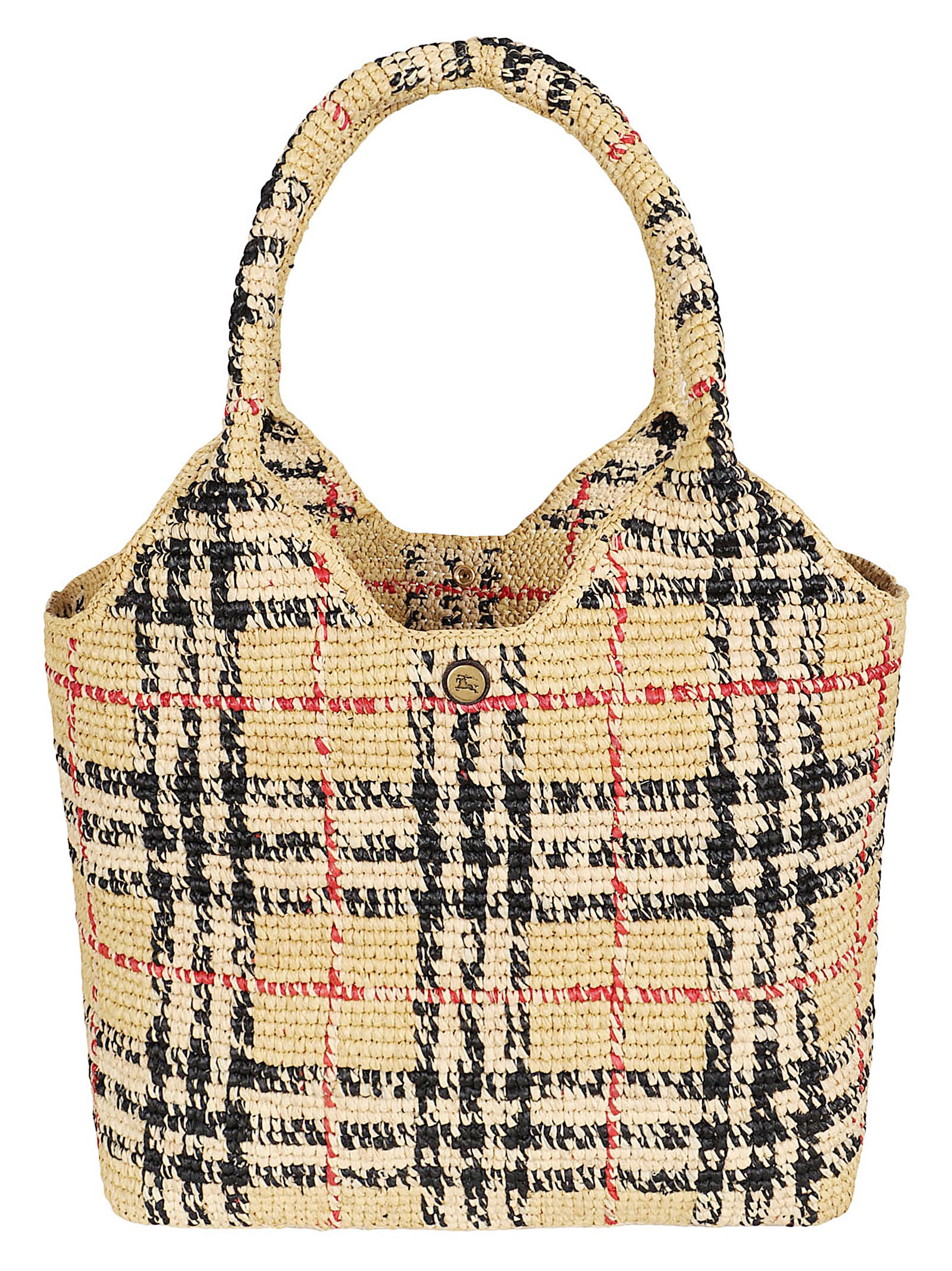 Woven Raffia Tote Bag with Check Pattern and Structured Design