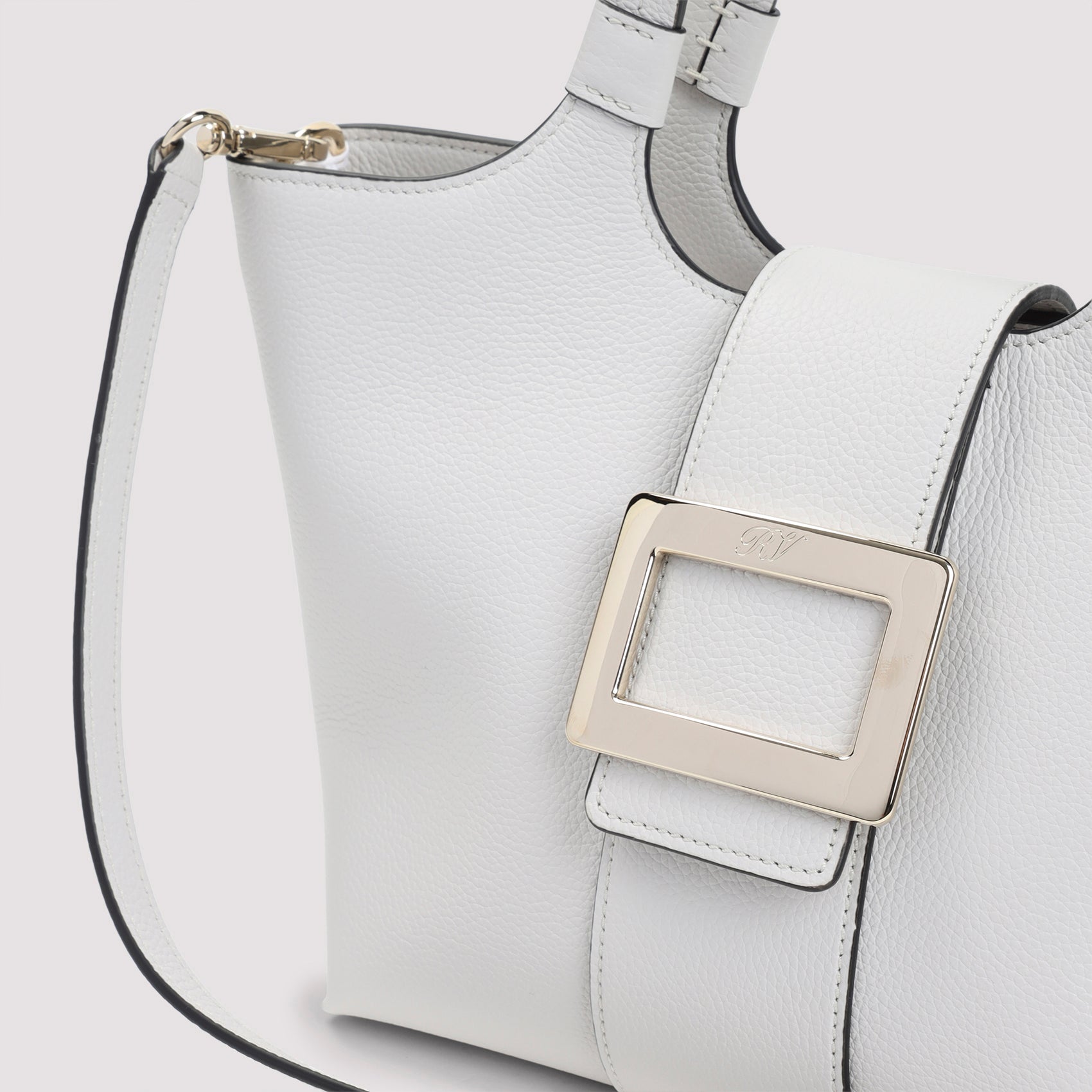 Structured Grey Leather Handbag With Metal Buckle