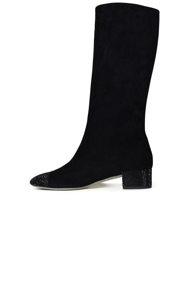 Mid-Calf Black Suede Boots With Glitter-Embellished Details