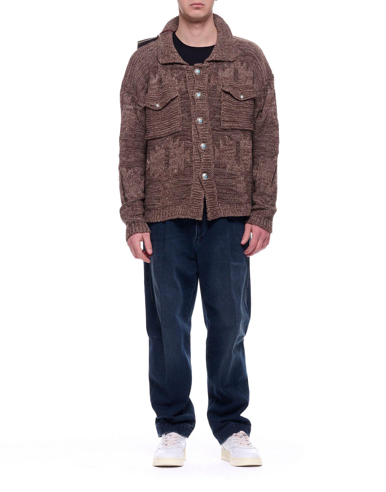 Brown Melange Wide Cropped Knit Overshirt