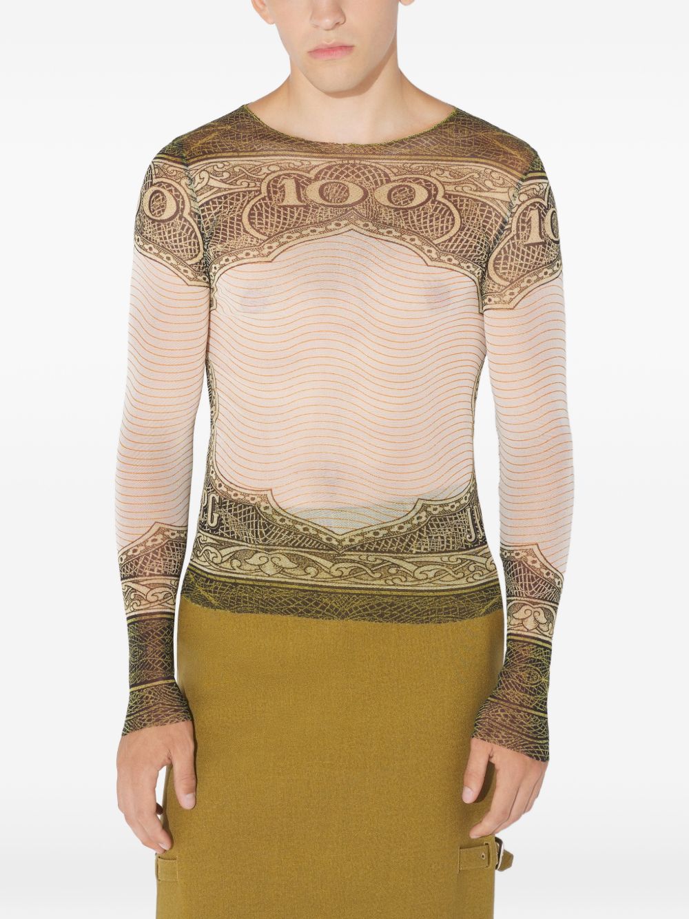 Long-Sleeved Sheer Top With Vintage Currency Print