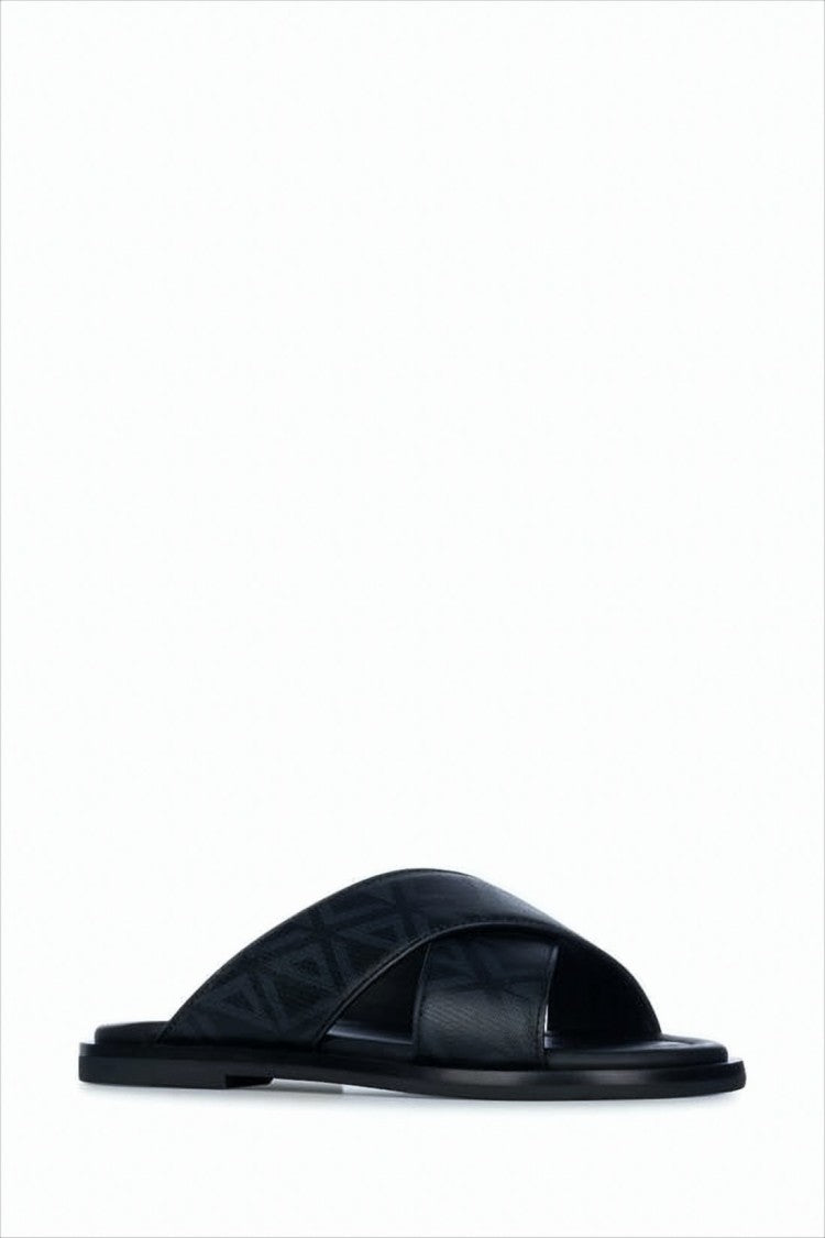 Open-Toe Black Mule Sandals with Embossed Detailing