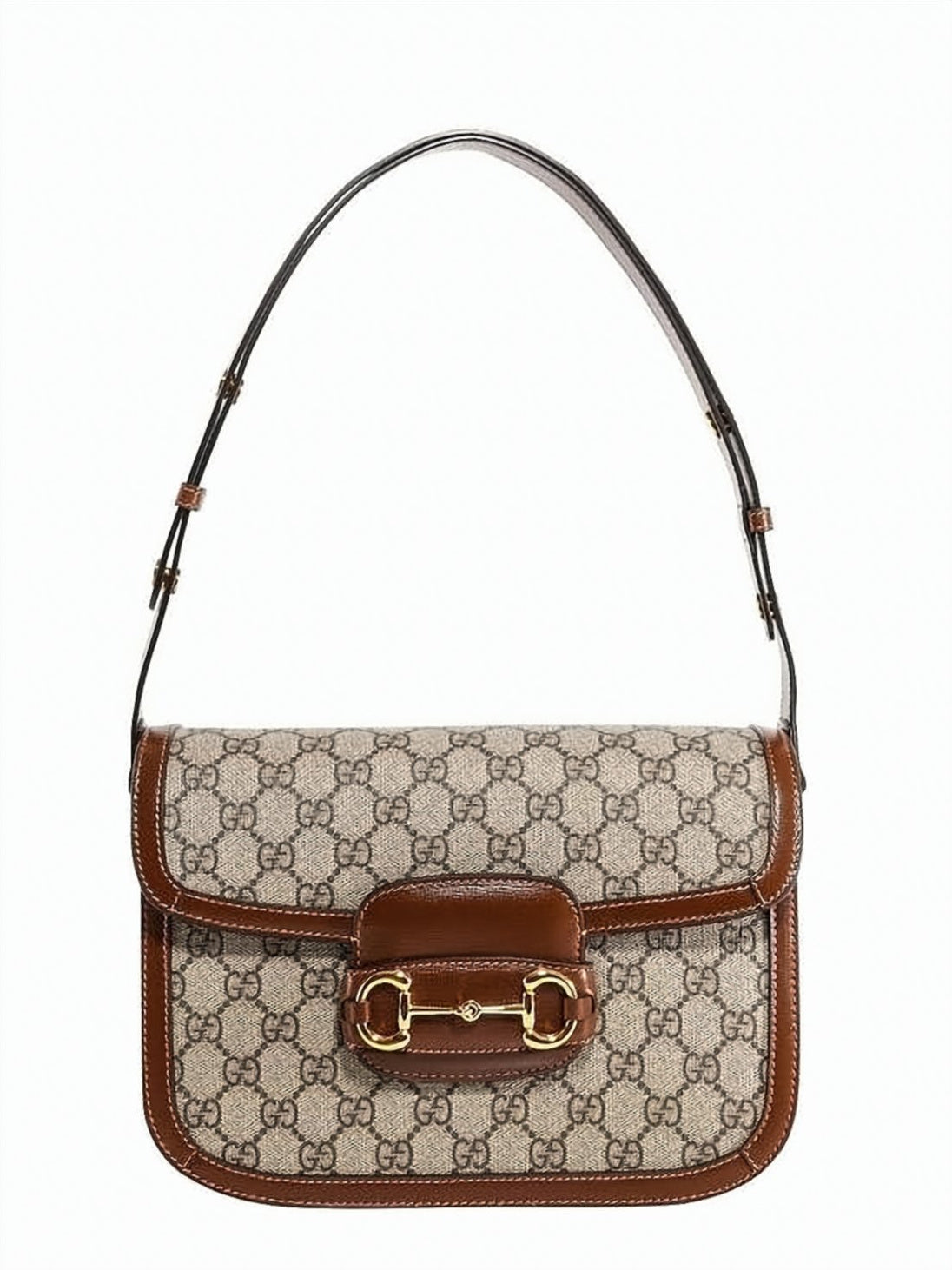 Structured Beige Canvas Horsebit Shoulder Bag with Leather Trimming