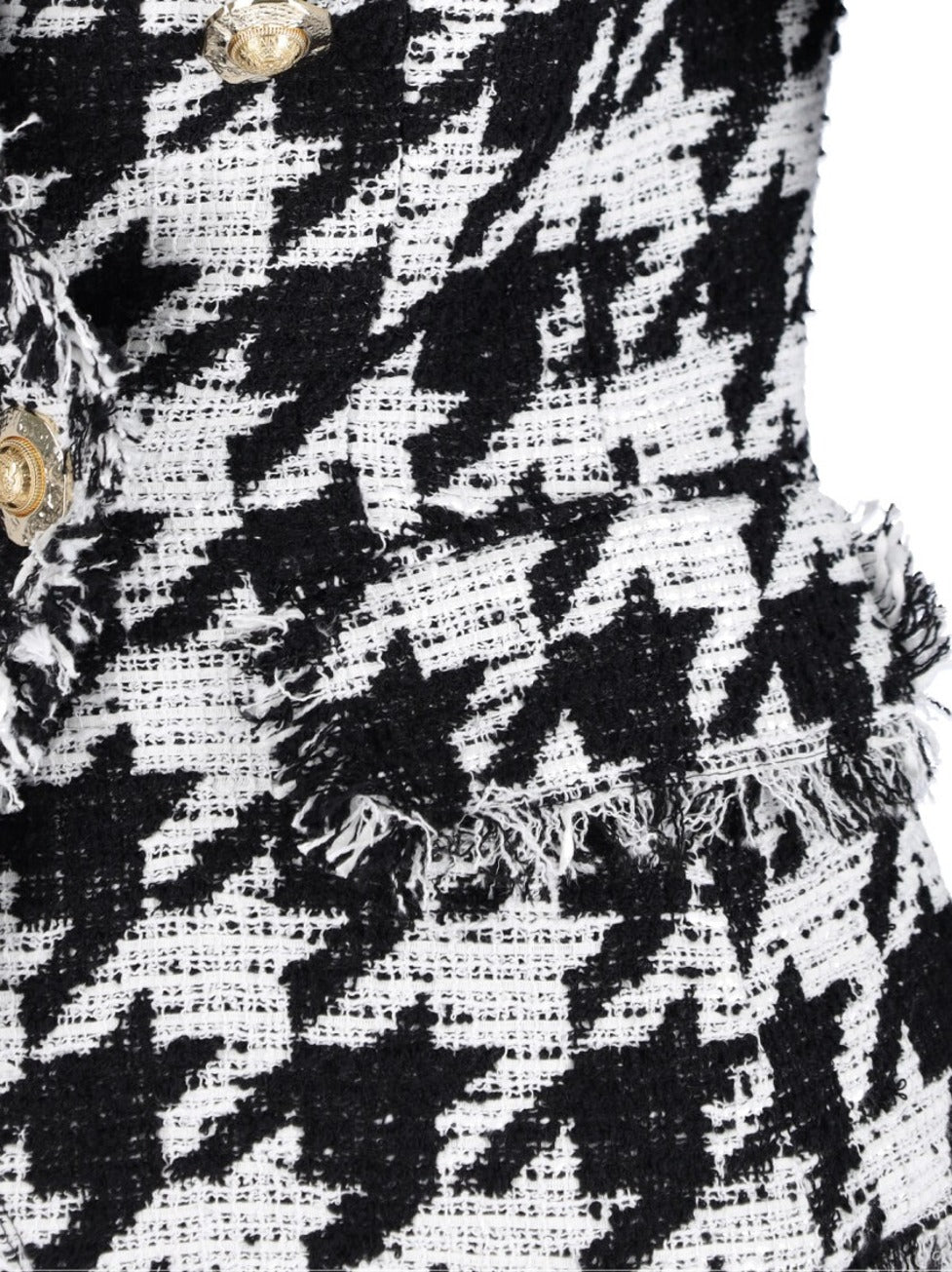 Double-Breasted Houndstooth Blazer With Frayed Design