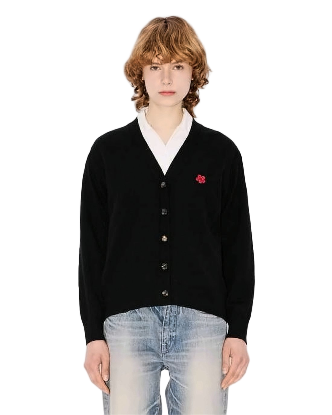 V-Neck Black Cardigan with Floral Emblem
