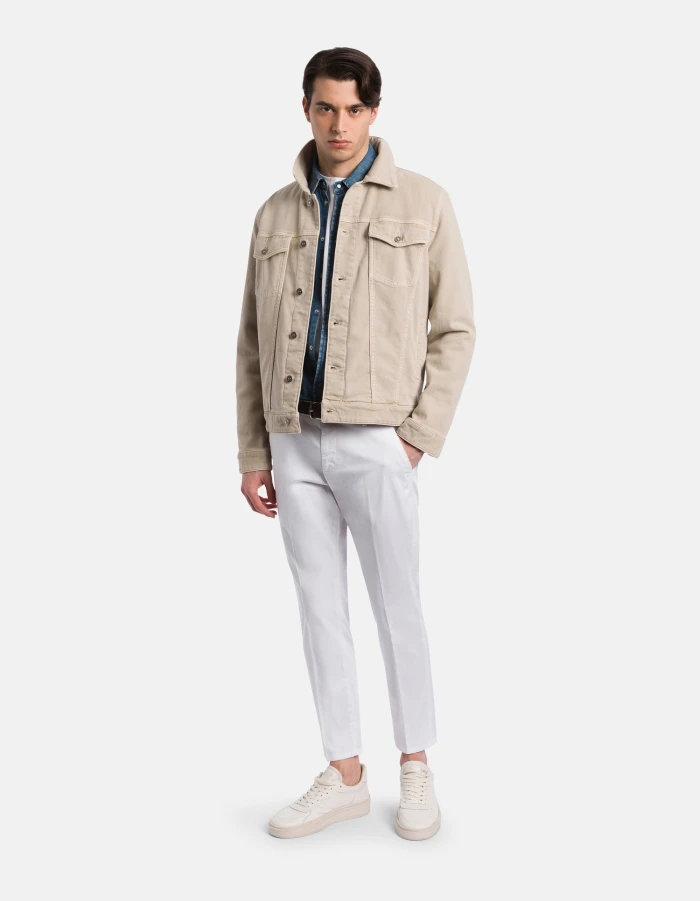Structured Beige Denim Jacket with Flap Pockets