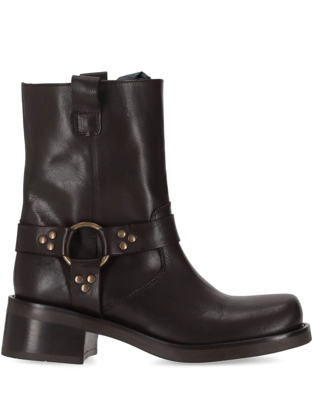 Mid-Calf Brown Leather Boots With Block Heel And Side Zipper