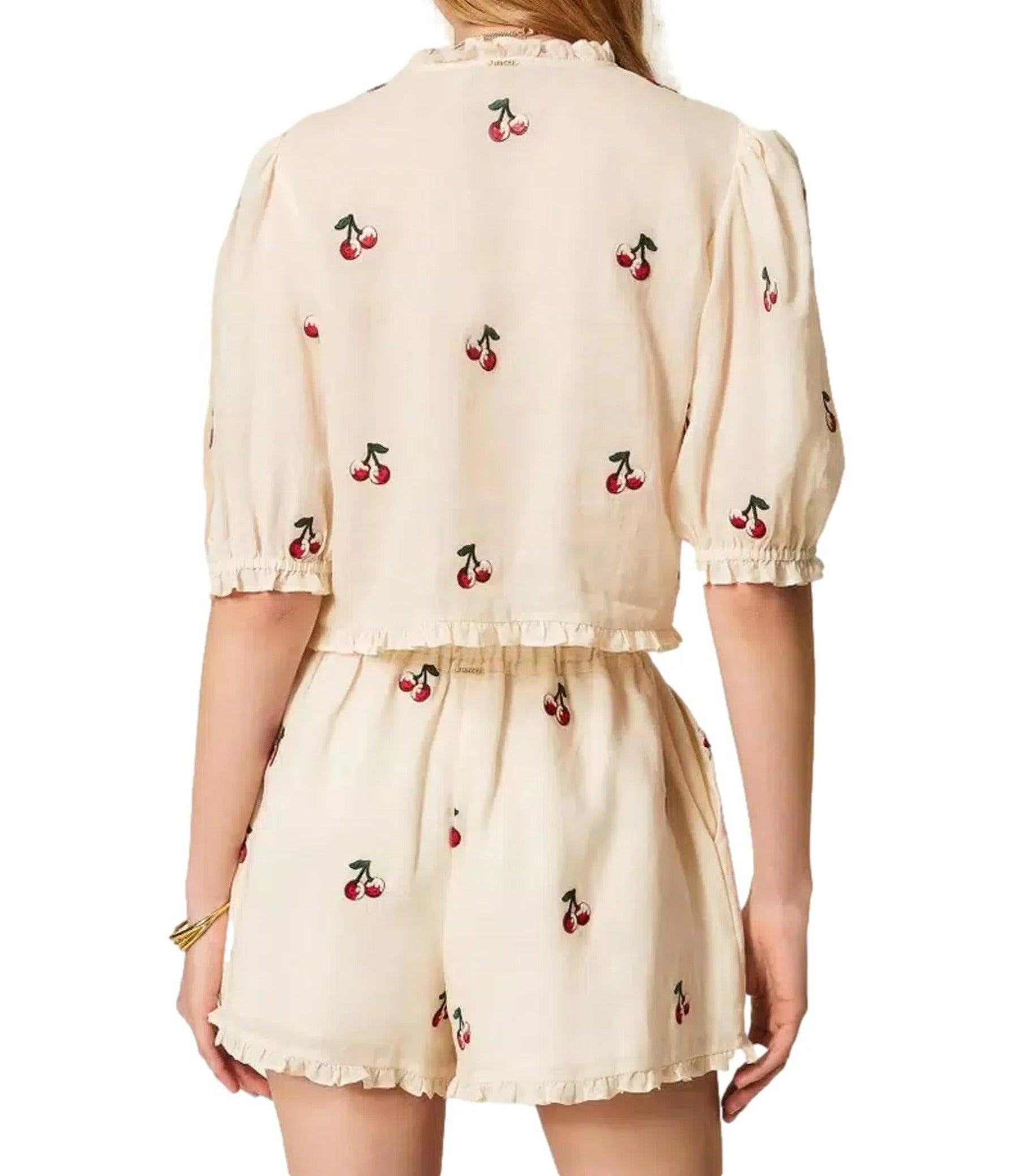 Cropped Blouse with Cherry Print and Ruffle Detailing