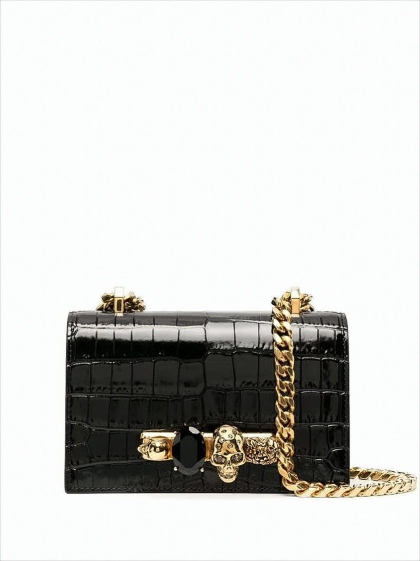 Crocodile-Embossed Black Calf Leather Crossbody Bag