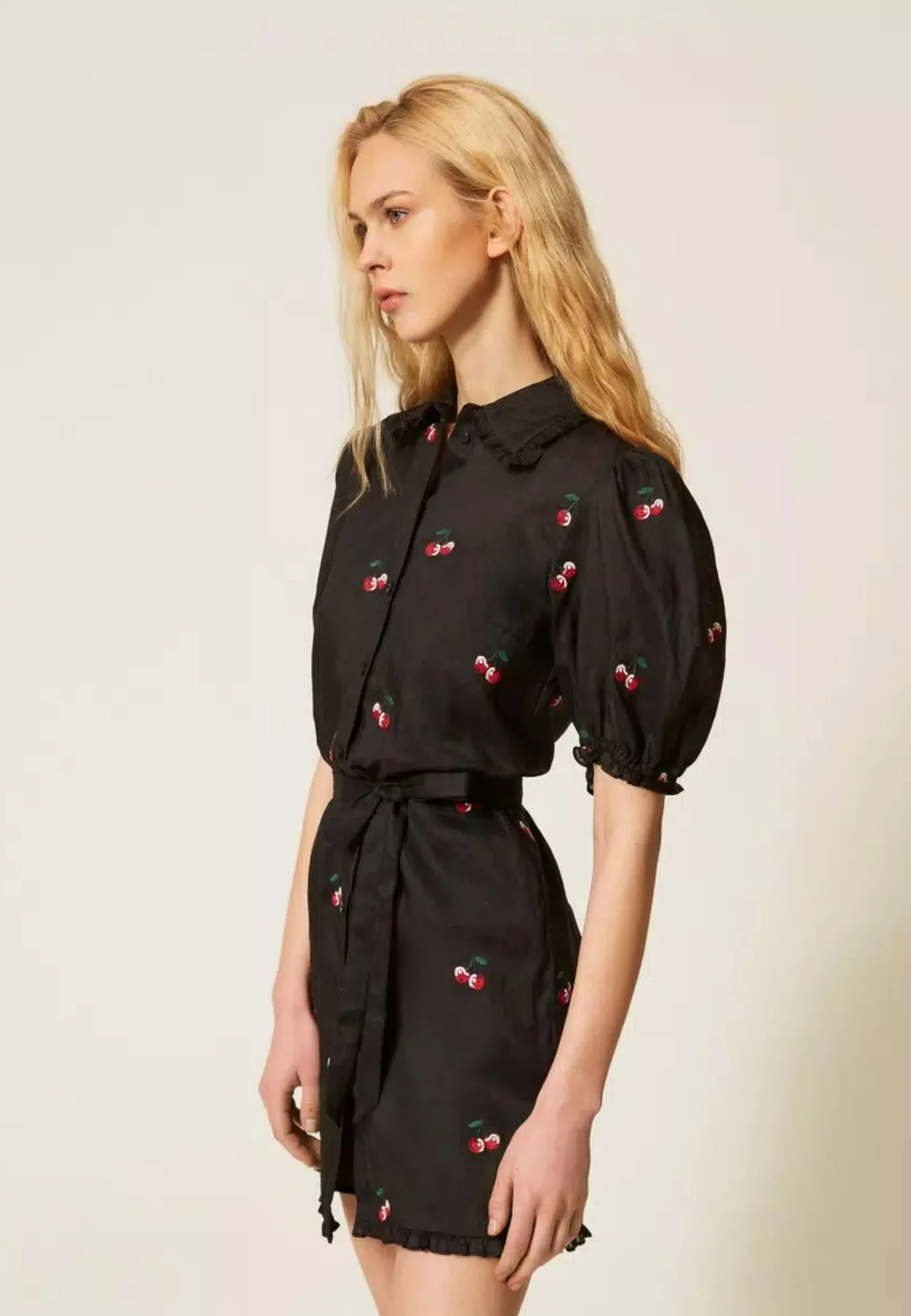 Playful Black Mini Dress with Ruffled Collar