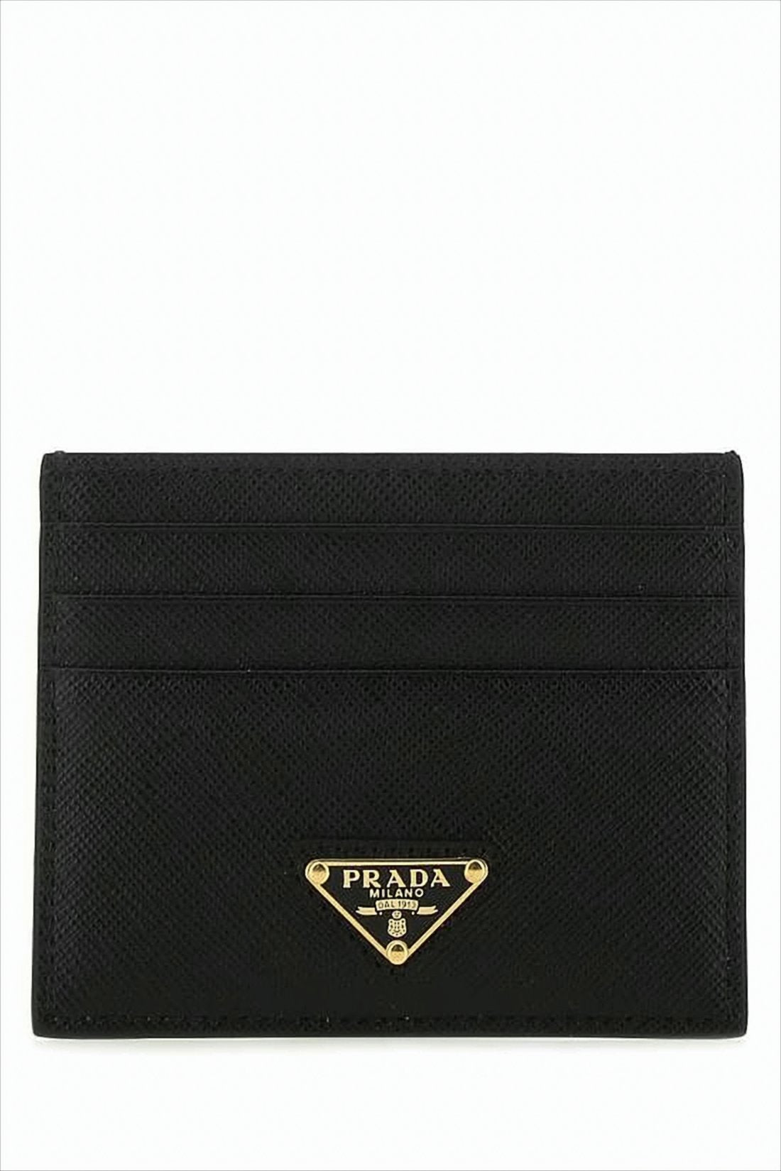 Textured Black Card Wallet With Triangular Gold-Tone Logo