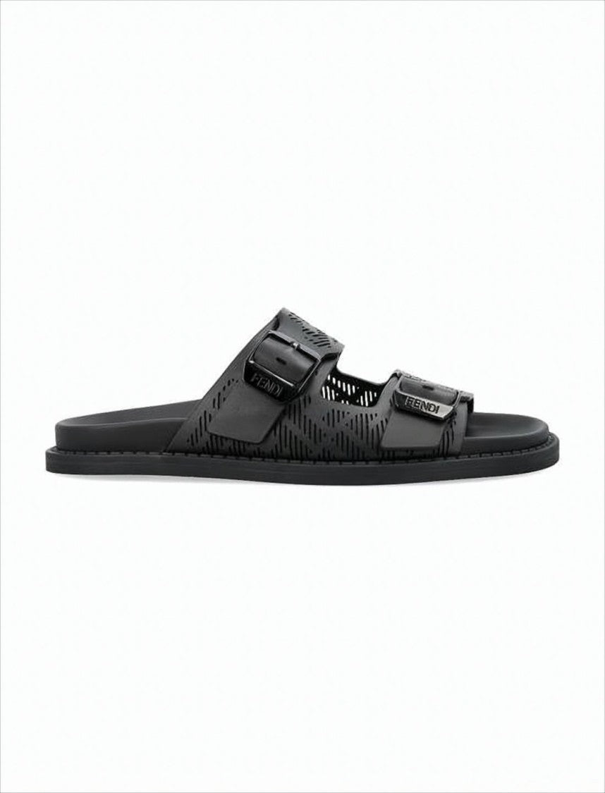 Perforated Black Leather Slide Sandals with Adjustable Straps