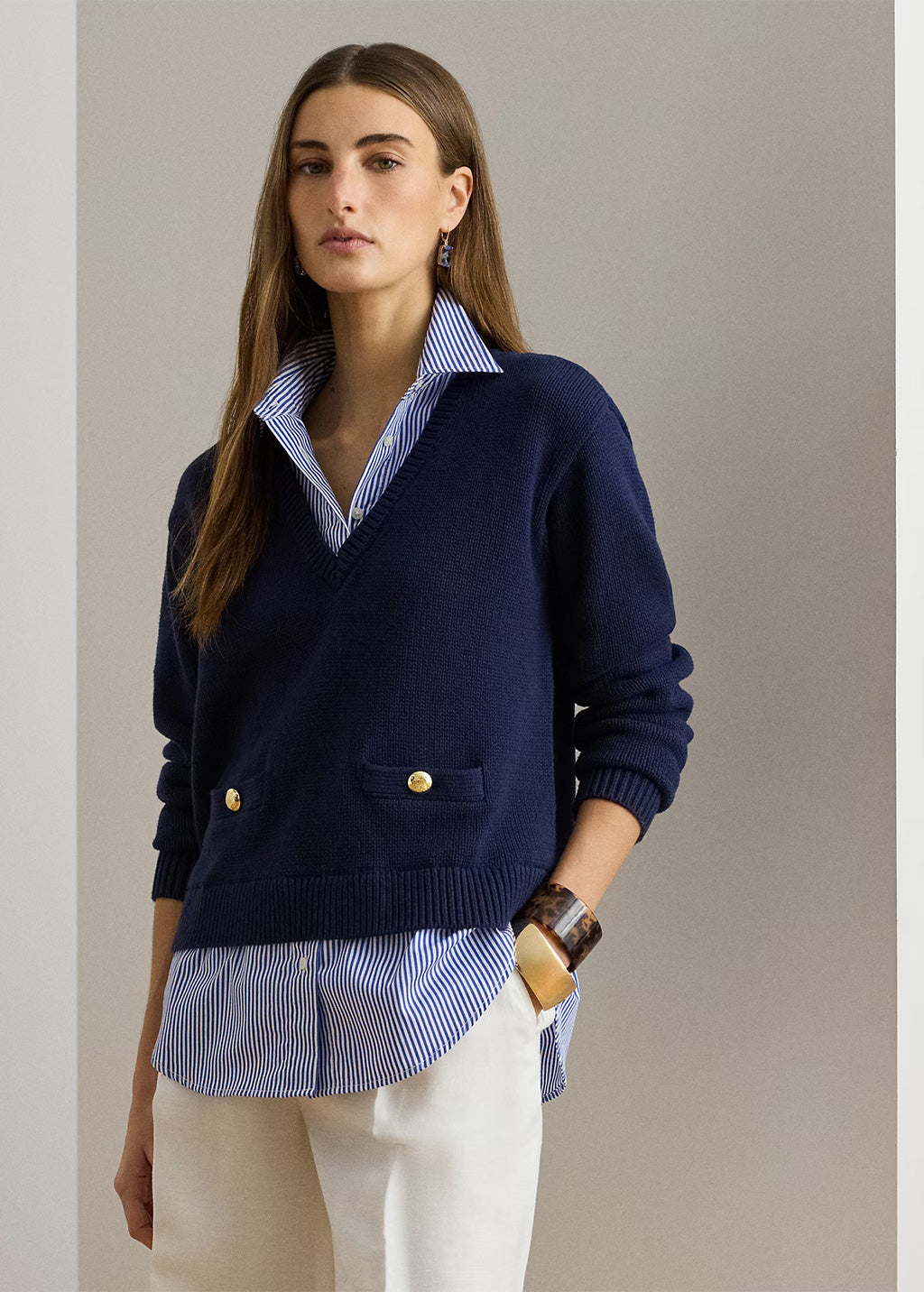 Blue Combed Cotton Pullover Sweater