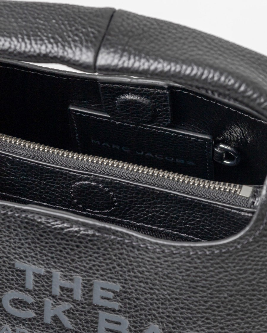 Semi-Circular Black Leather Shoulder Bag With Embossed Branding