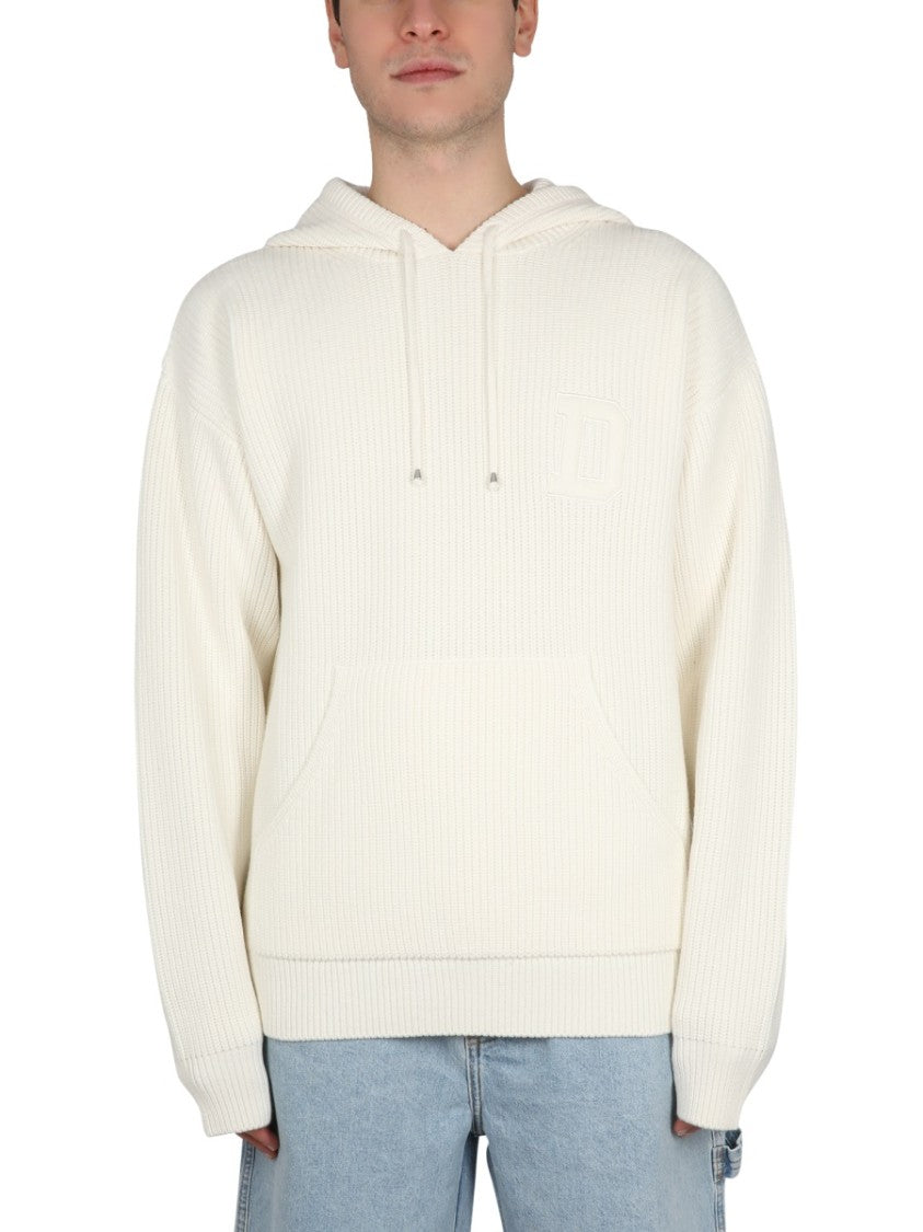 Ribbed White Hooded Shirt With Drawstring