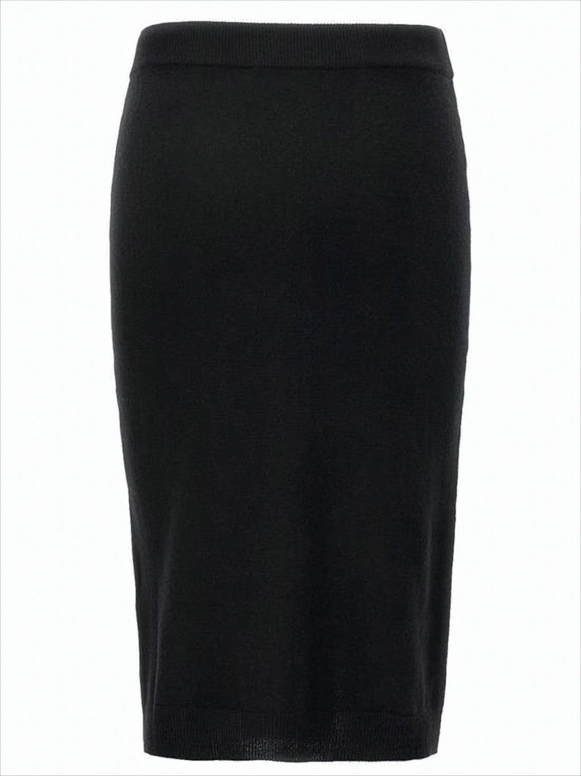 Black Cashmere-Wool Midi Skirt with Ribbed Waistband