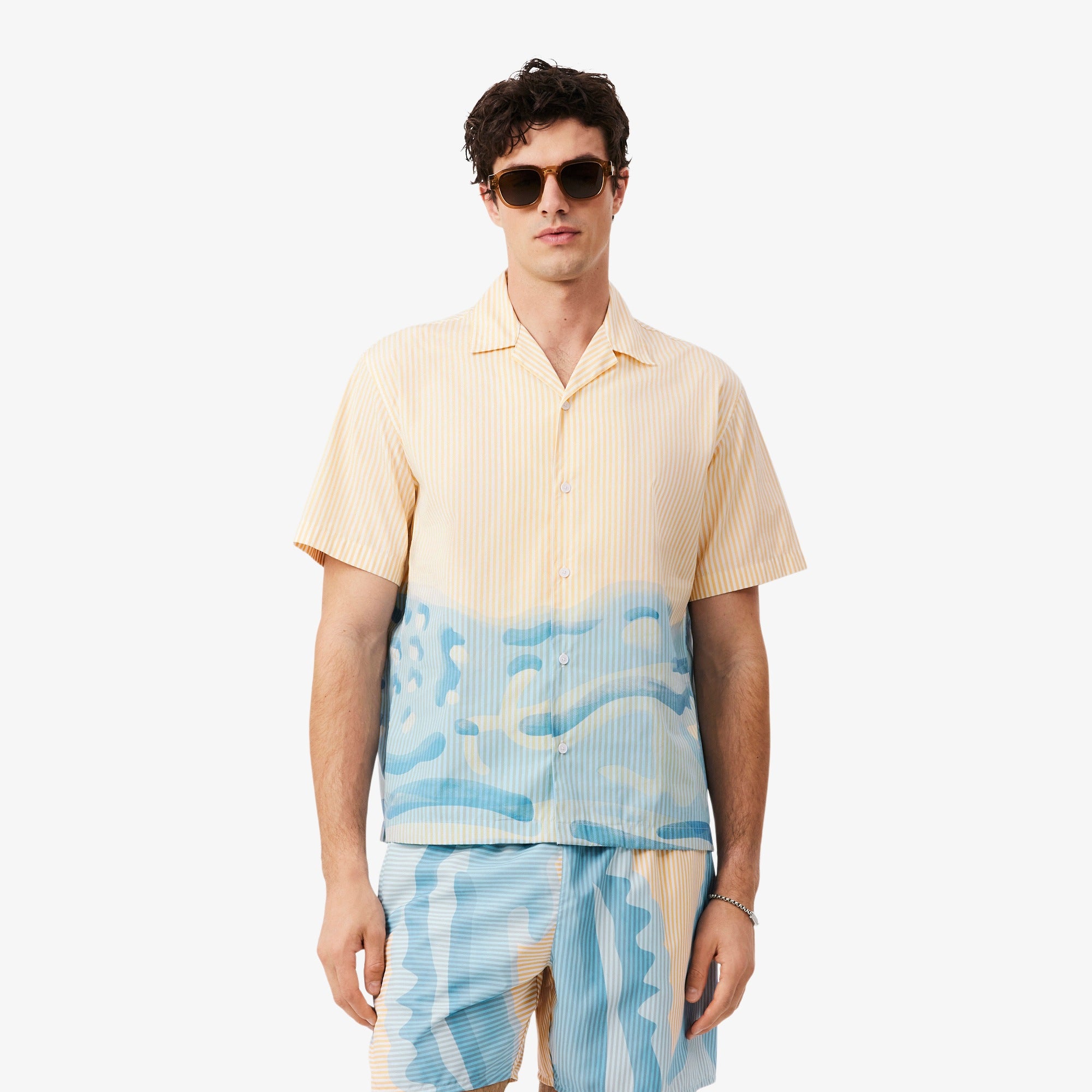 Short-Sleeve Camp Collar Shirt with Abstract Waves