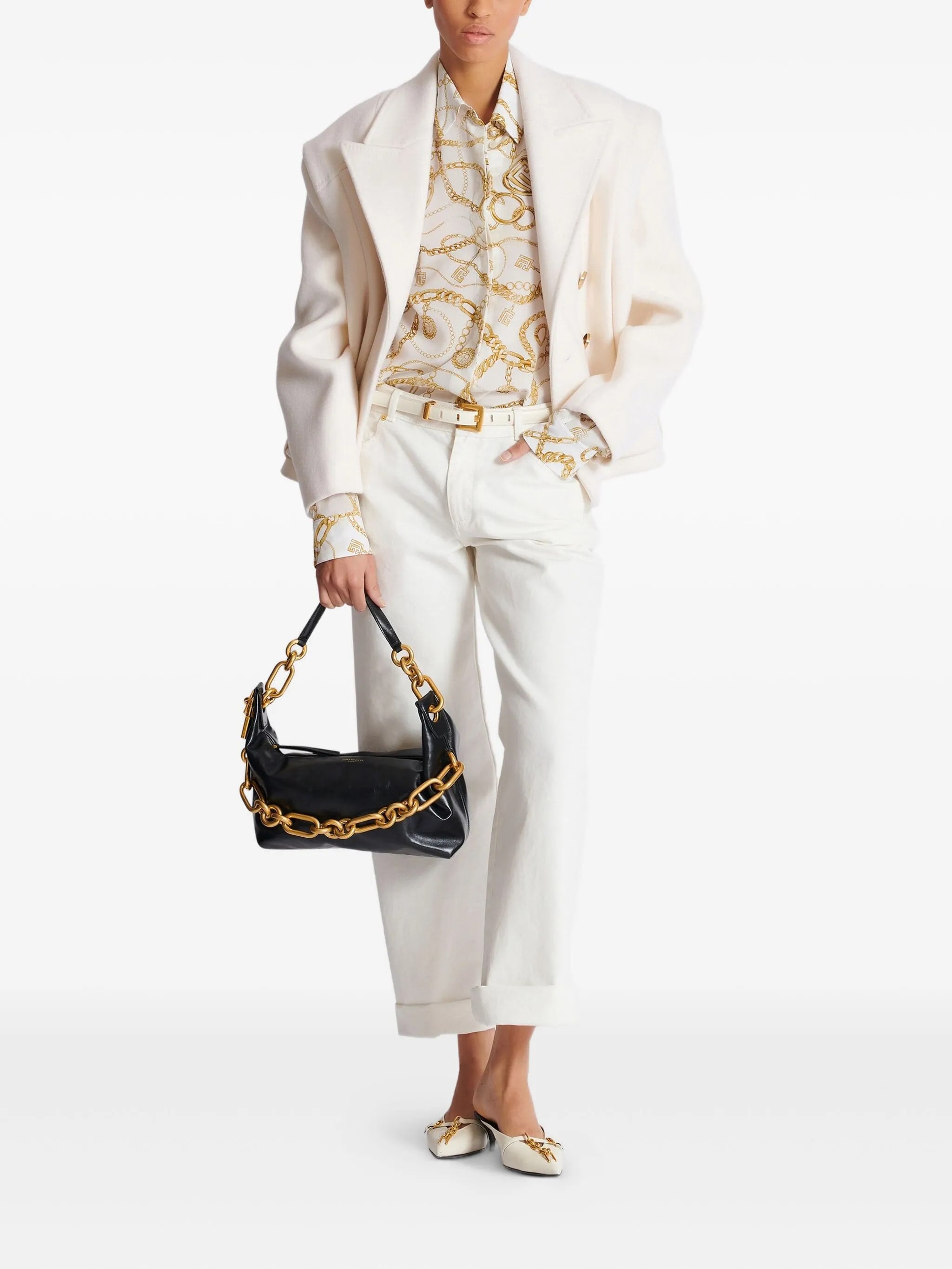 White Ls Shirt Chain Print Silk Shirt