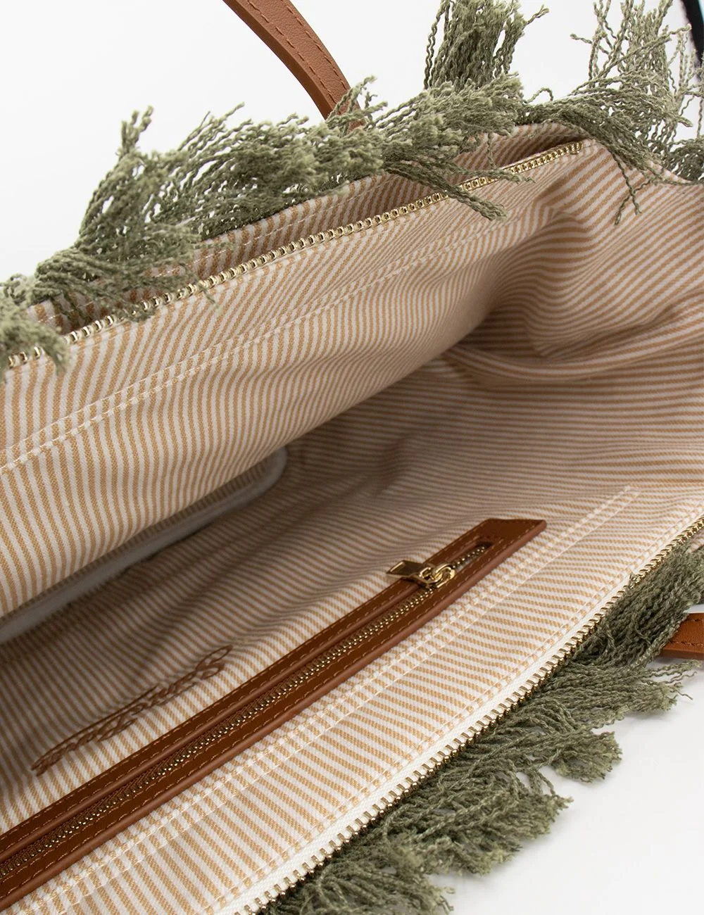 Military Green Sangallo Fringe City Crossbody Bag