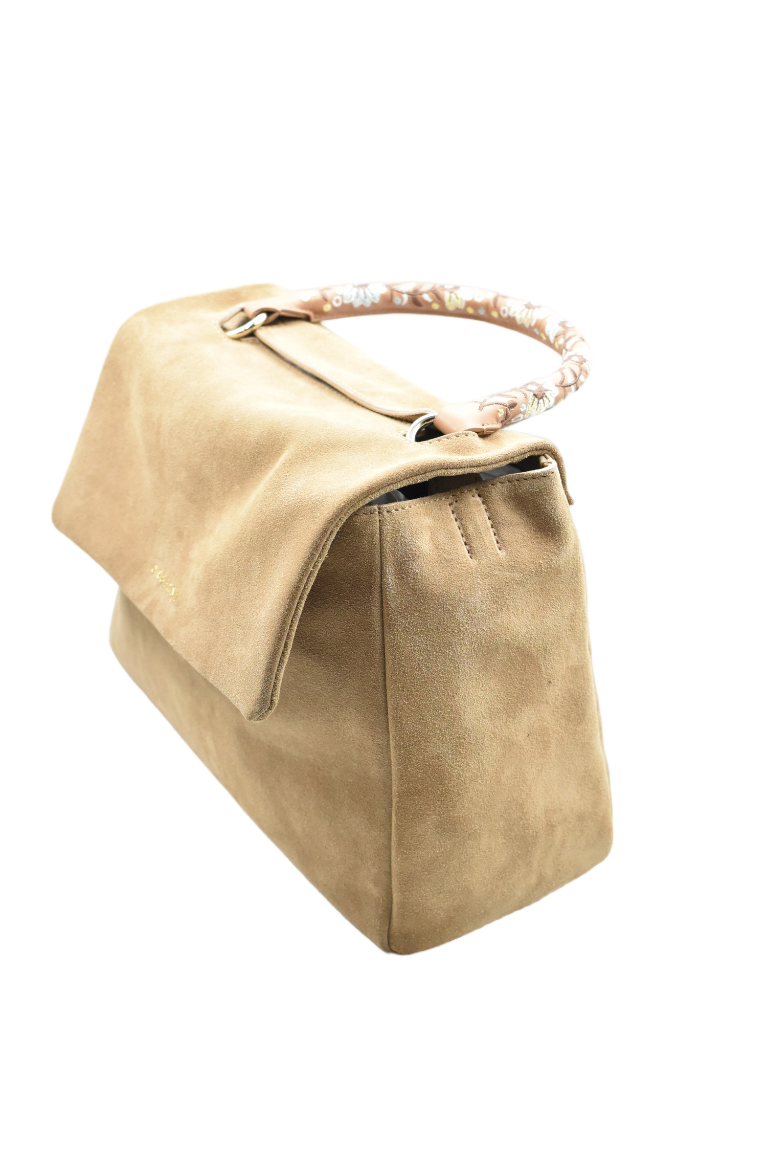 Suede Handbag with Floral-Wrapped Handle
