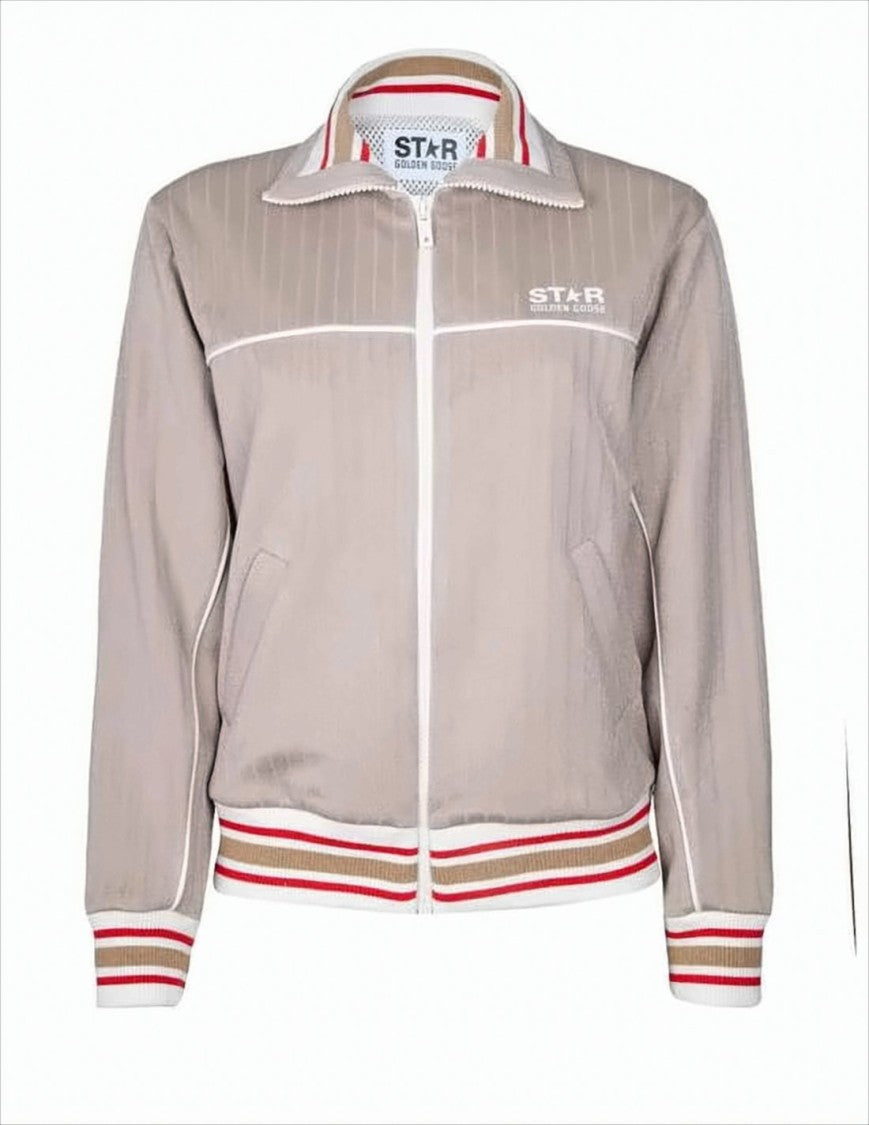 Soft Beige Striped Jacket with Piping Details