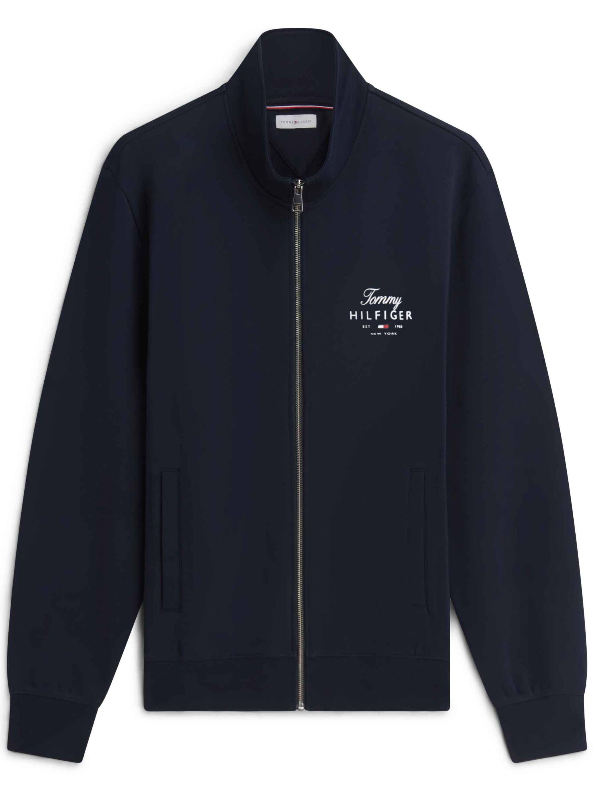Zip-Up Dark Navy Jacket With Stand Collar And Script Logo