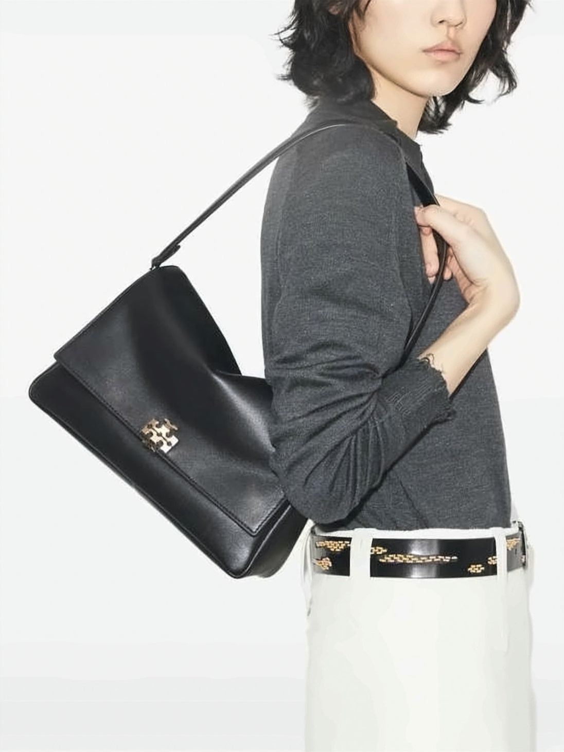 Sleek Rectangular Black Cowhide Leather Shoulder Bag