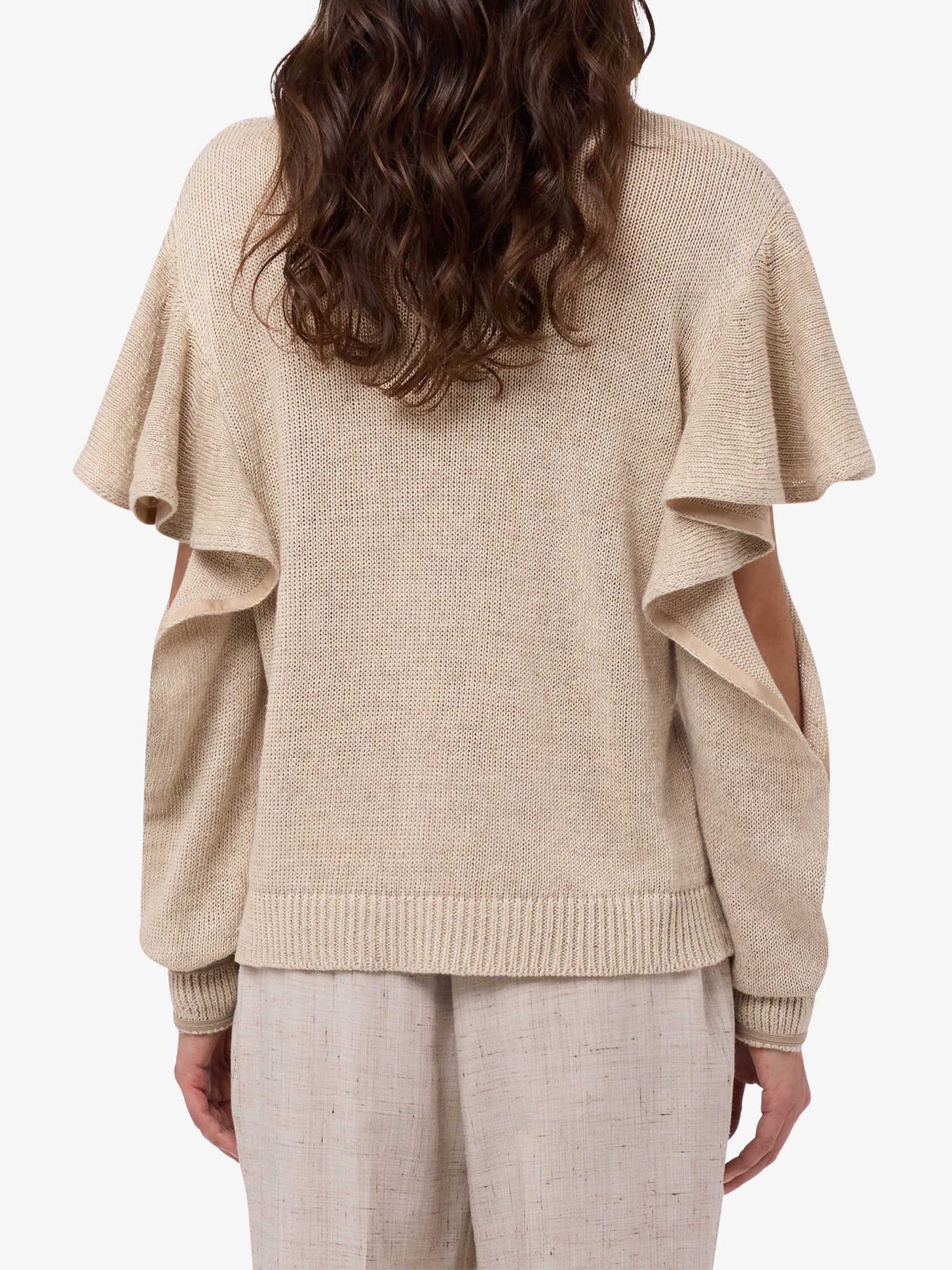 Ruffled Cut-Out Sleeve Knitted Linen Blend Top