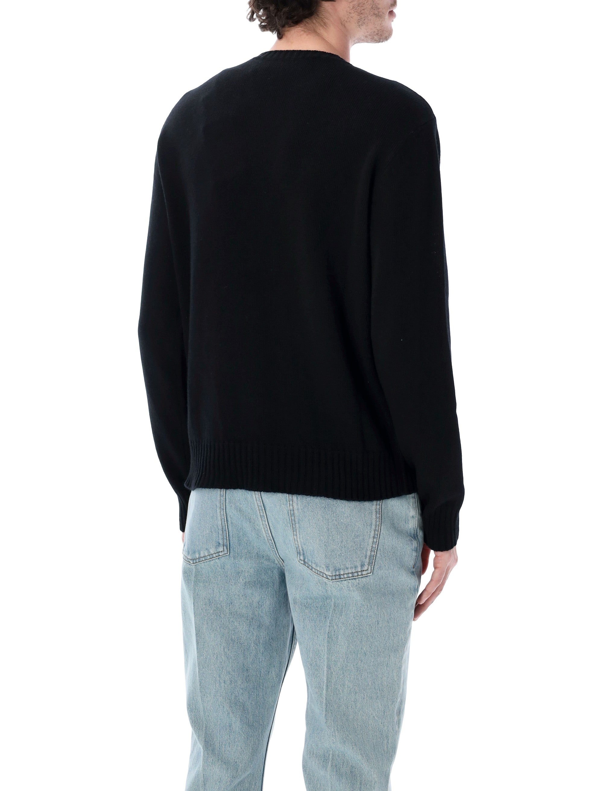 Embroidered Black Wool Jumper with Crew Neck