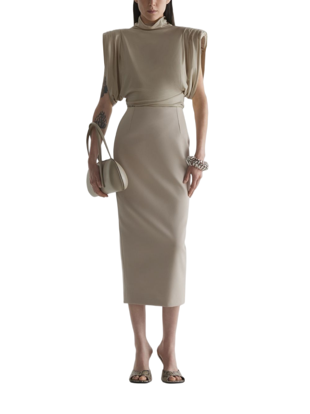 Brown High-Neck Top with Structured Puff Sleeves