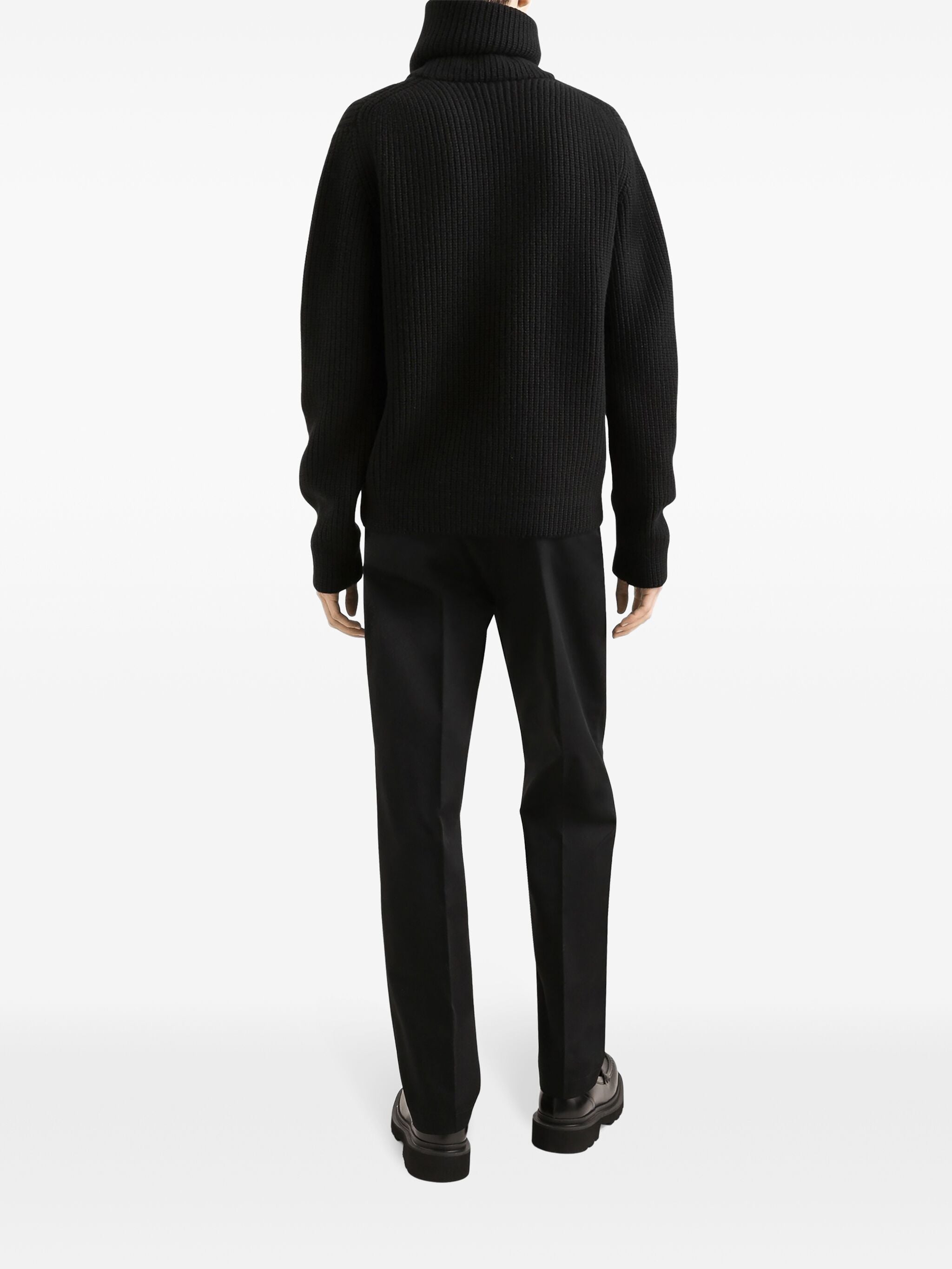 Black Ribbed Knit Half-Zip Wool Pullover
