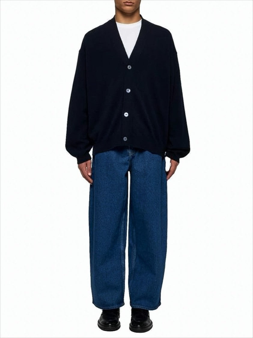 Relaxed Fit Wool Cardigan with Deep V-Neck