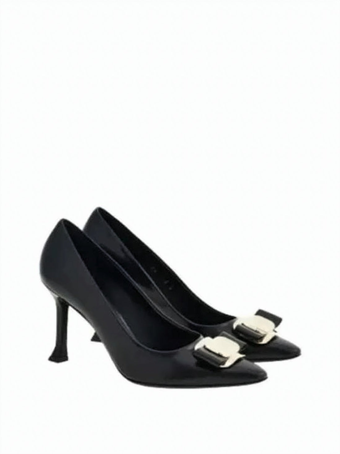 Pointed-Toe Black Pumps with Metallic Buckle Detail